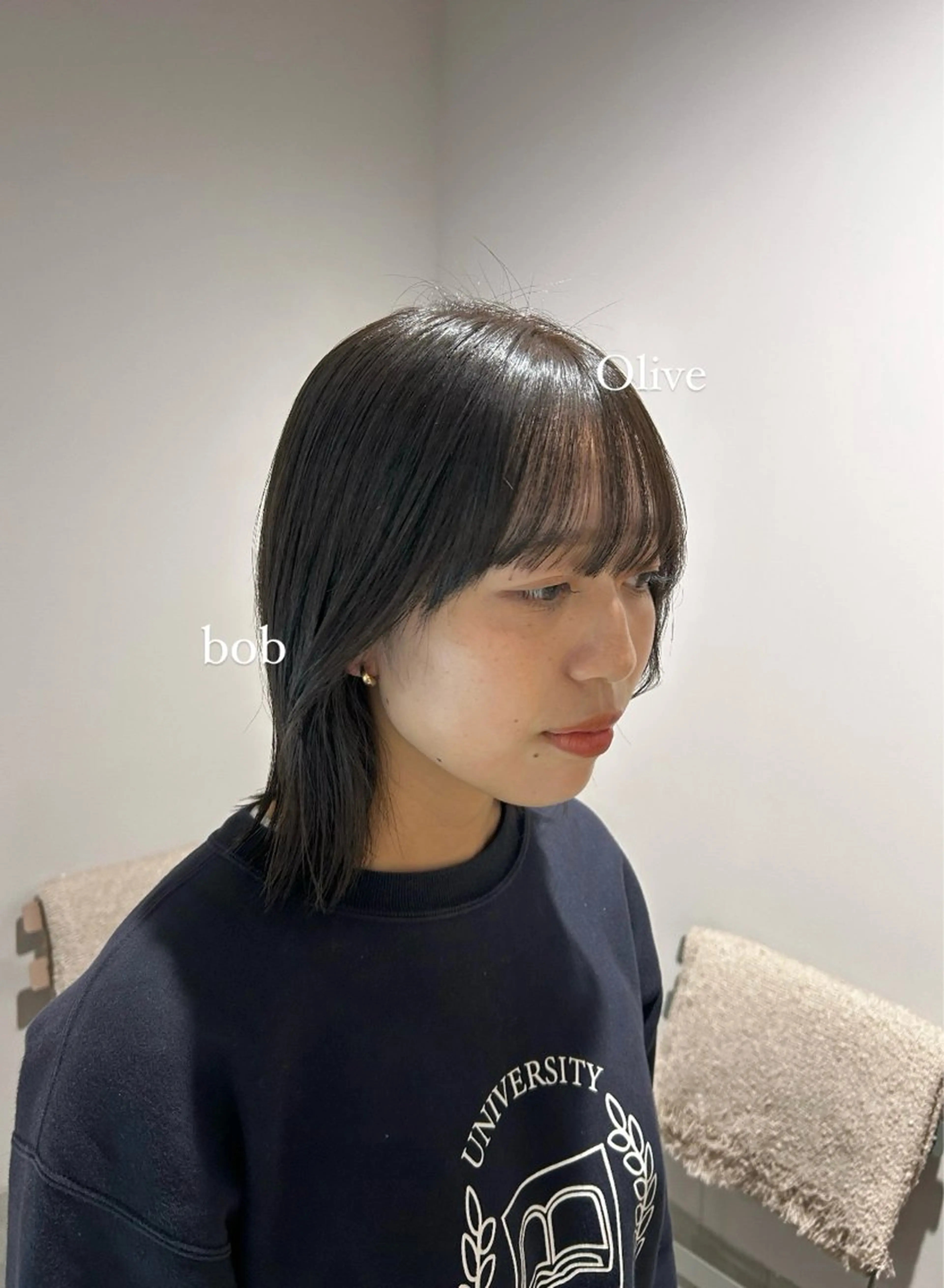 ミディアム カラー ケアカラー オリーブカラー ボブ レイヤーカット 透明感ケアカラー/ レイヤー/ryokaのヘアスタイル