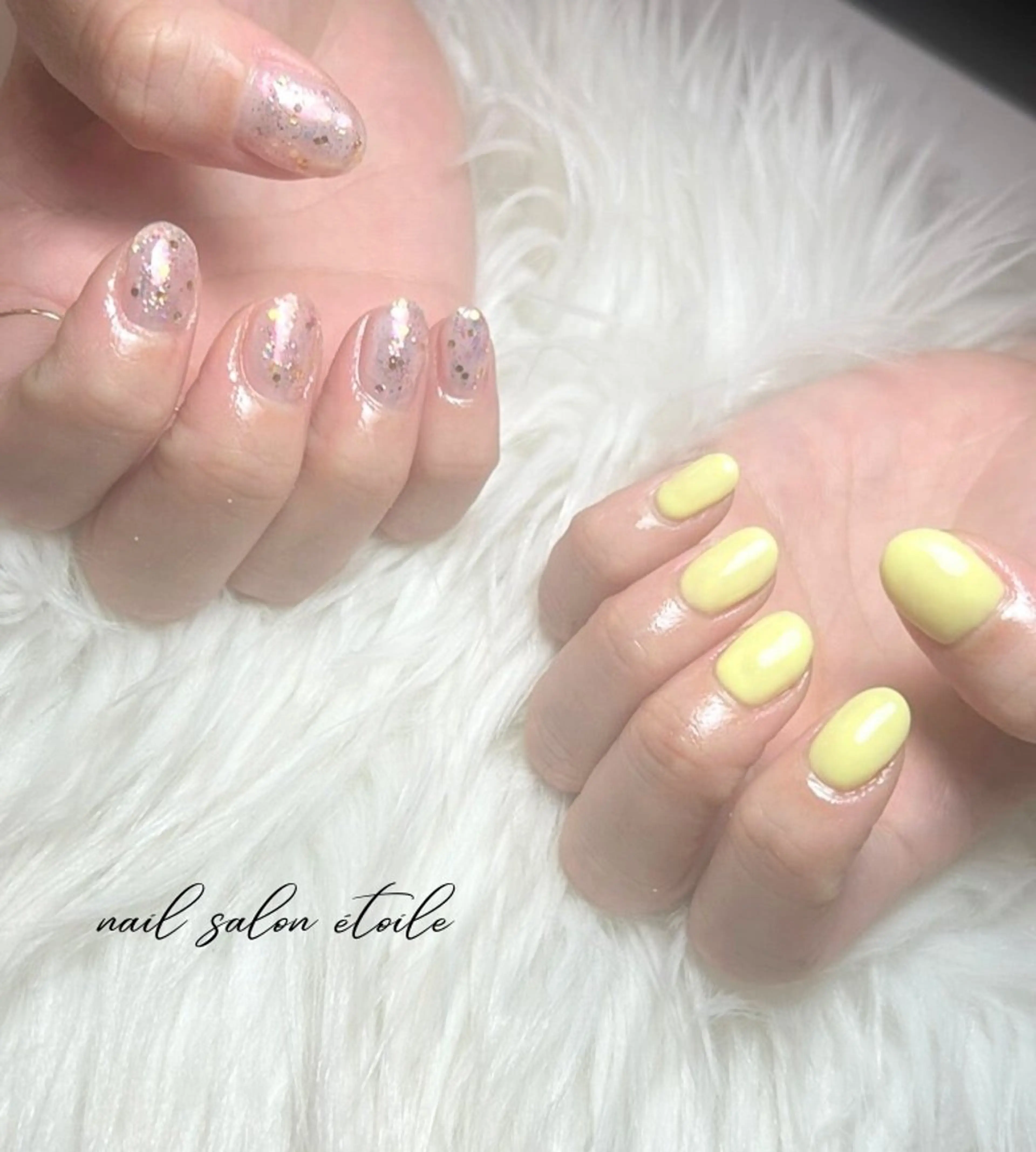 ネイル オーロラネイル ワンカラーネイル ピンク 黄色 ハンドネイル nail salon étoileのネイルデザイン