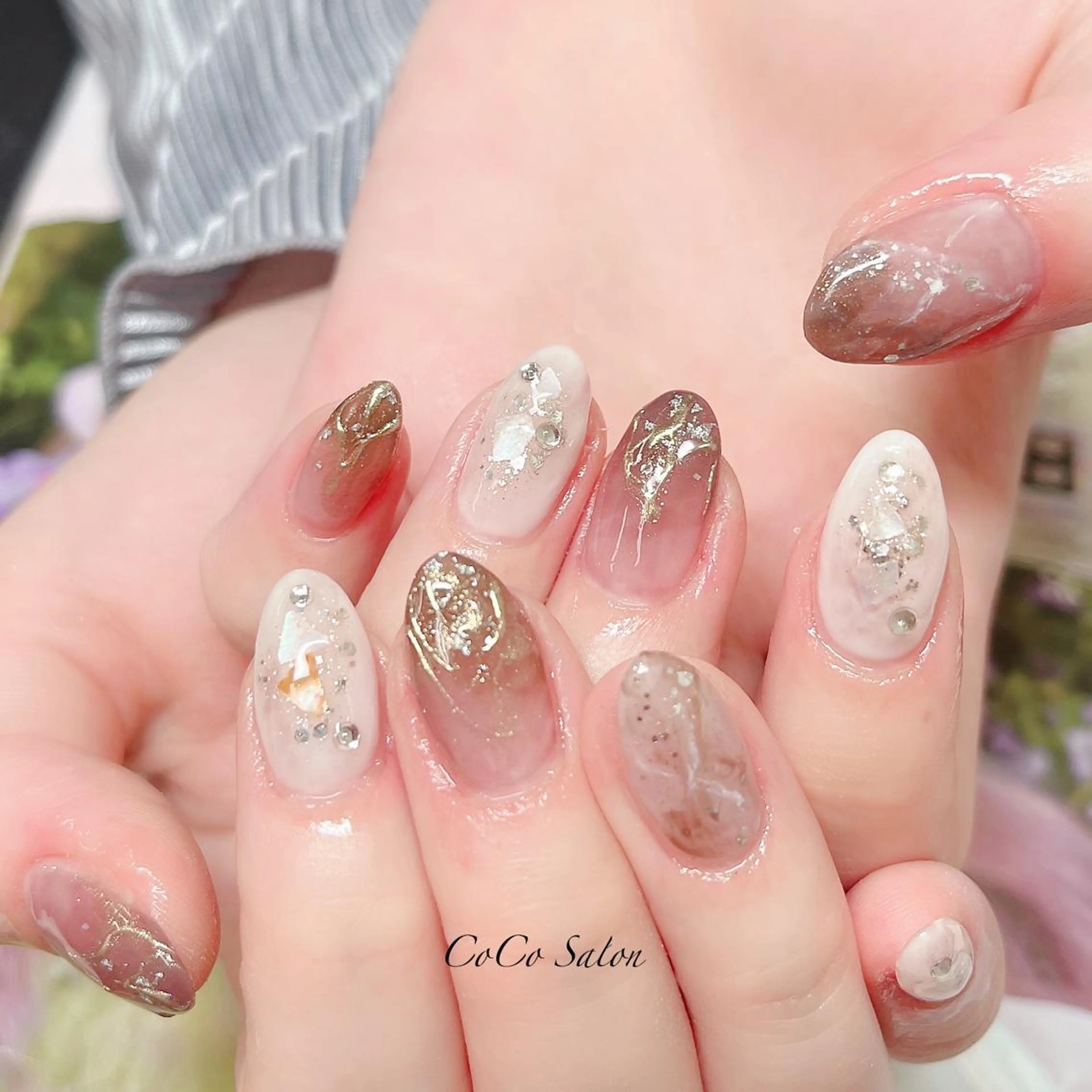 ネイル 長さ出し ジェルネイル ホログラムネイル キラキラネイル 大理石ネイル(マーブル) ハンドネイル CoCoSalon ネイル/まつ毛予約のネイルデザイン