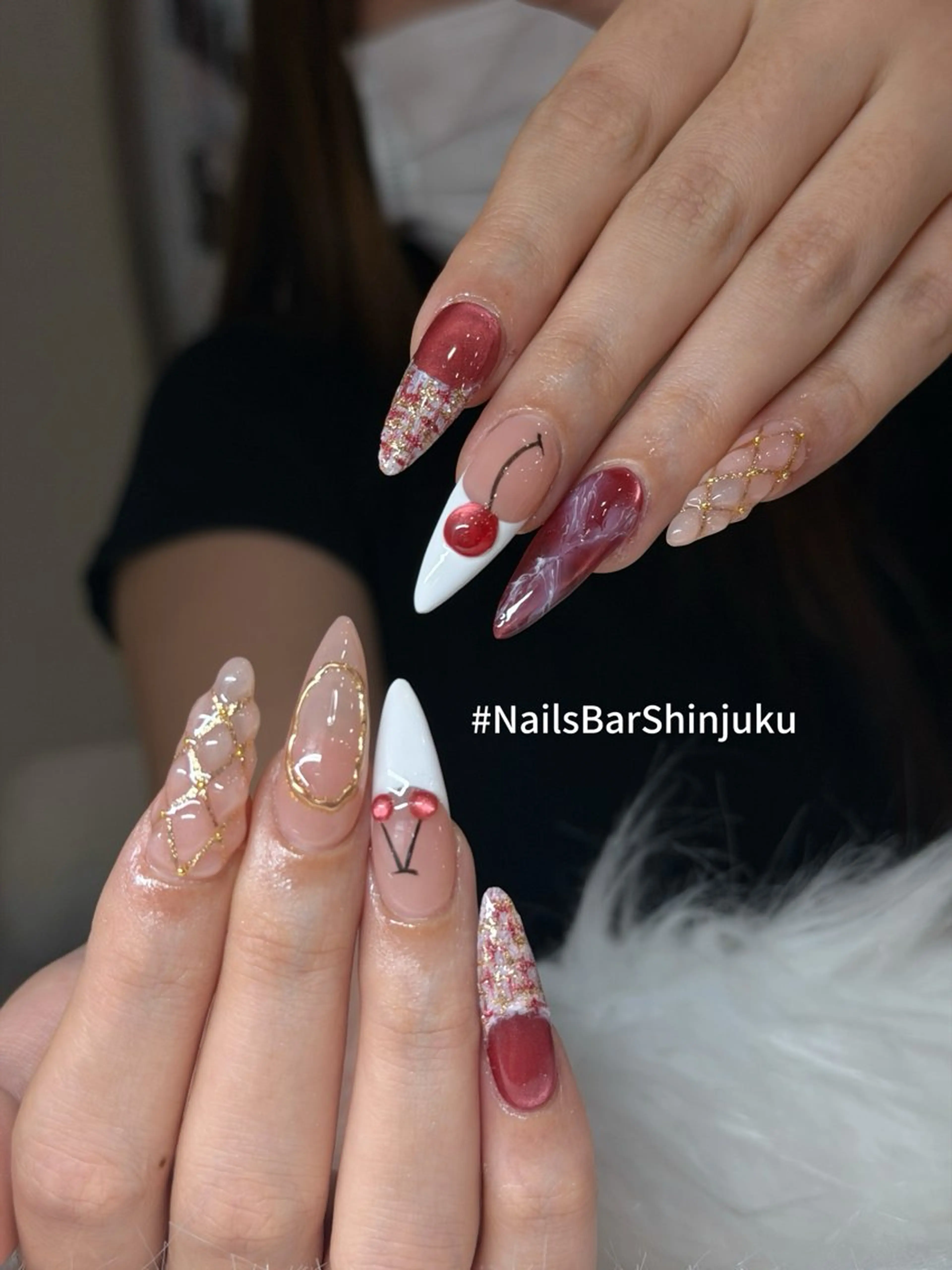 ネイル ボルドー ブラウン チークネイル ドット フットネイル ハンドネイル NAILS BAR SHINJUKUのネイルデザイン