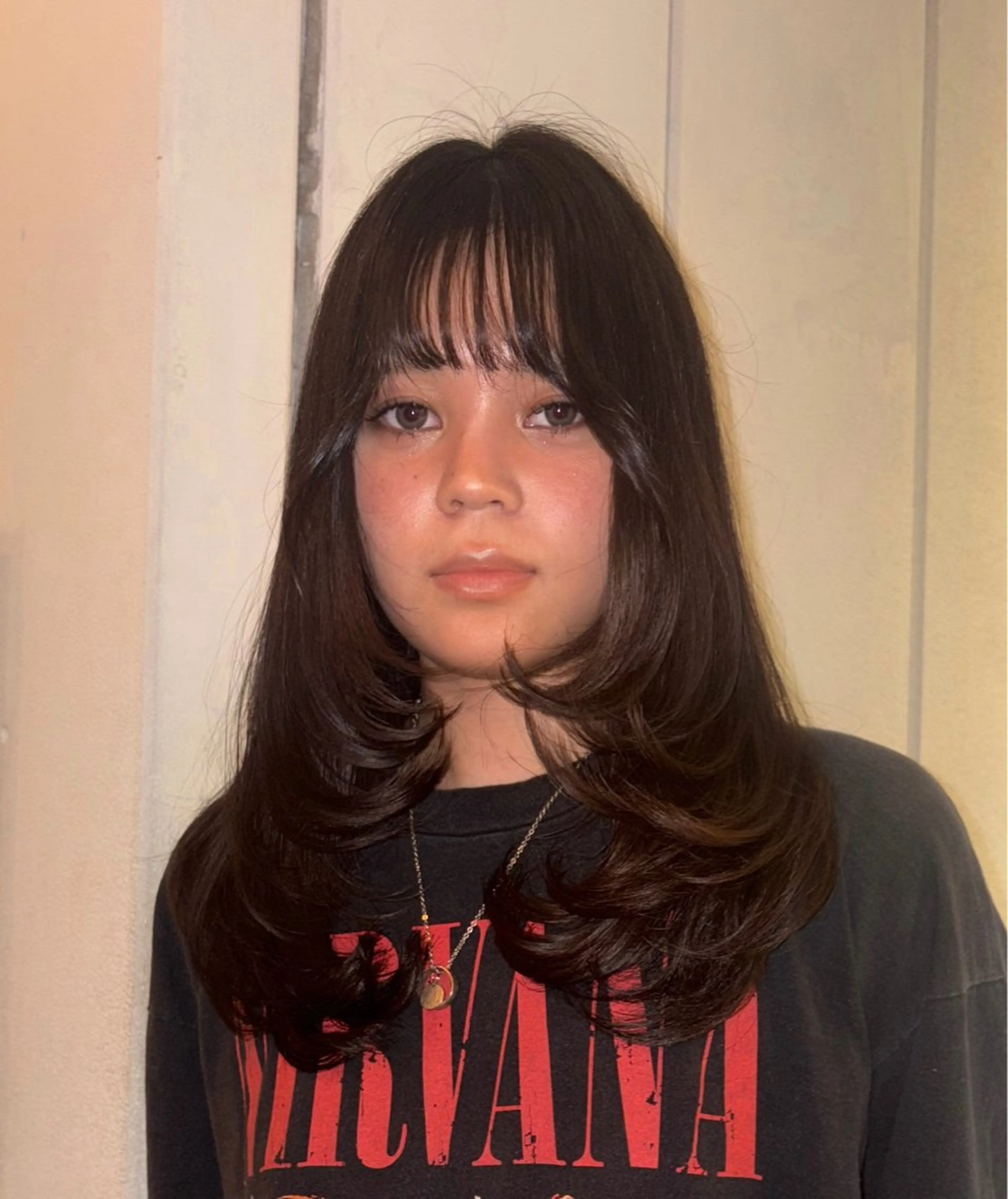 セミロング カラー 小顔カット カット ヘアカラー ひなの/透明感 カラー/レイヤーのヘアスタイル