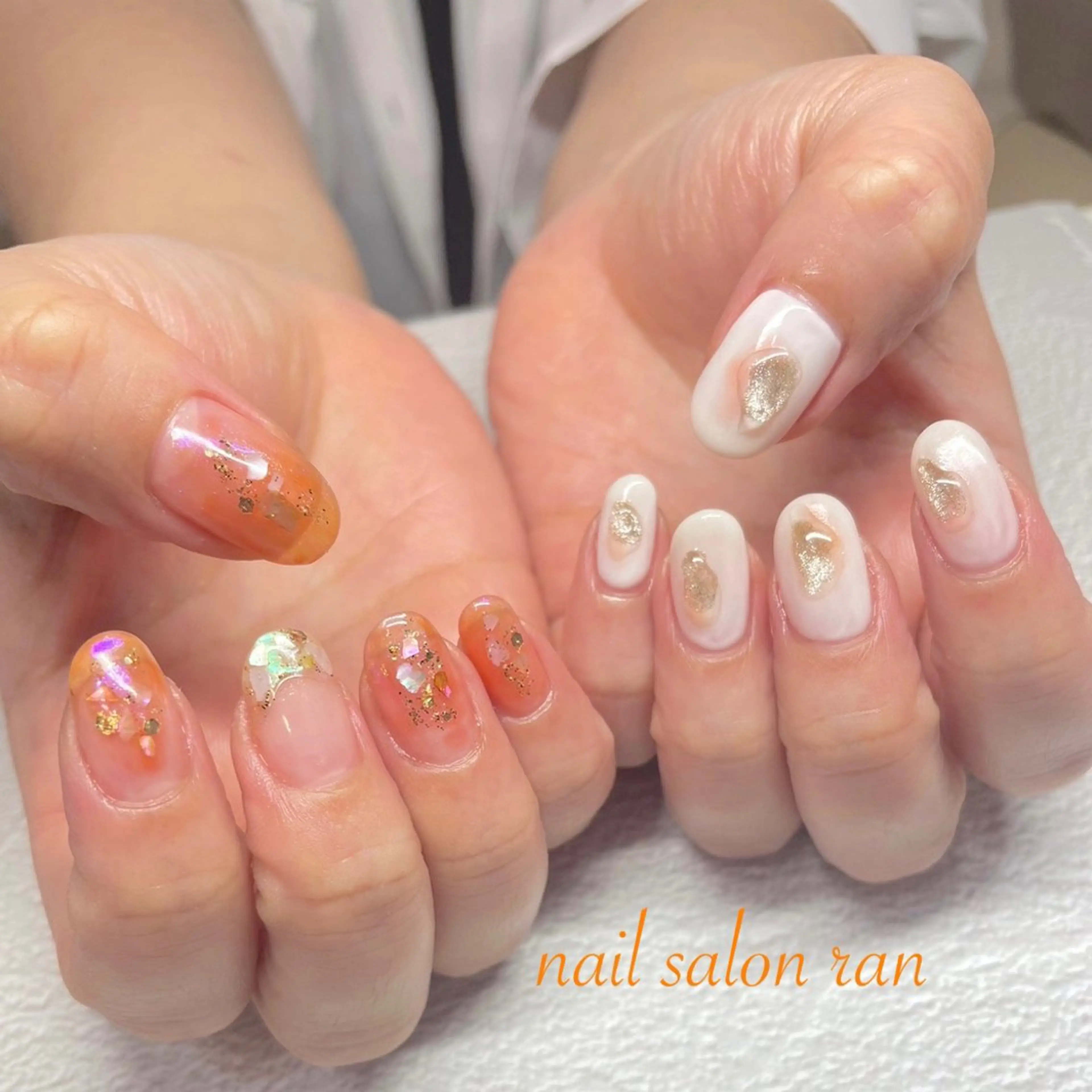 ネイル ニュアンスネイル オレンジ ホワイト ハンドネイル ハンドケア nailsalon ranのネイルデザイン