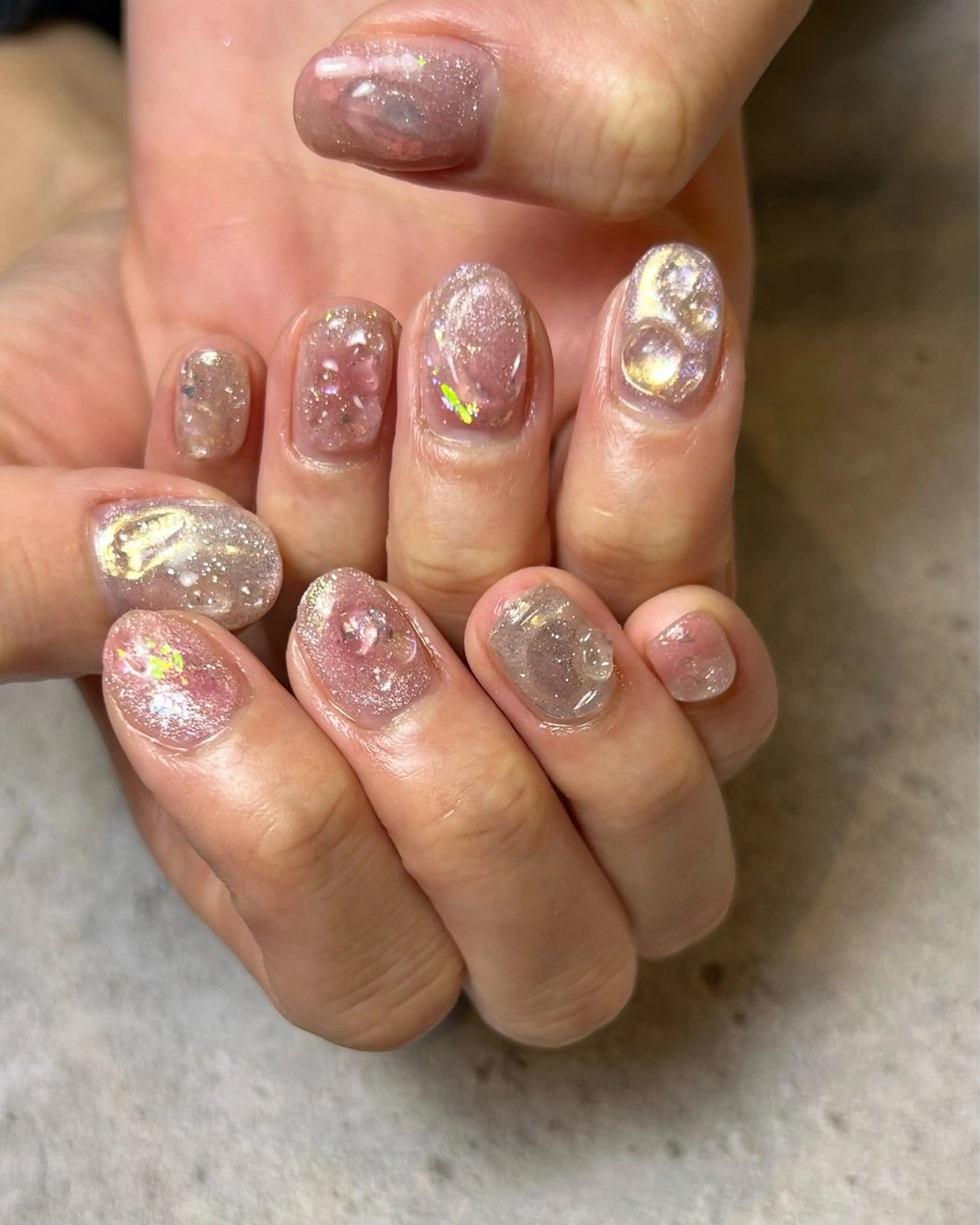 ネイル 氷ネイル・うるうるネイル 持ち込み ニュアンスネイル 春ネイル ハンドネイル Reflection marikoのネイルデザイン