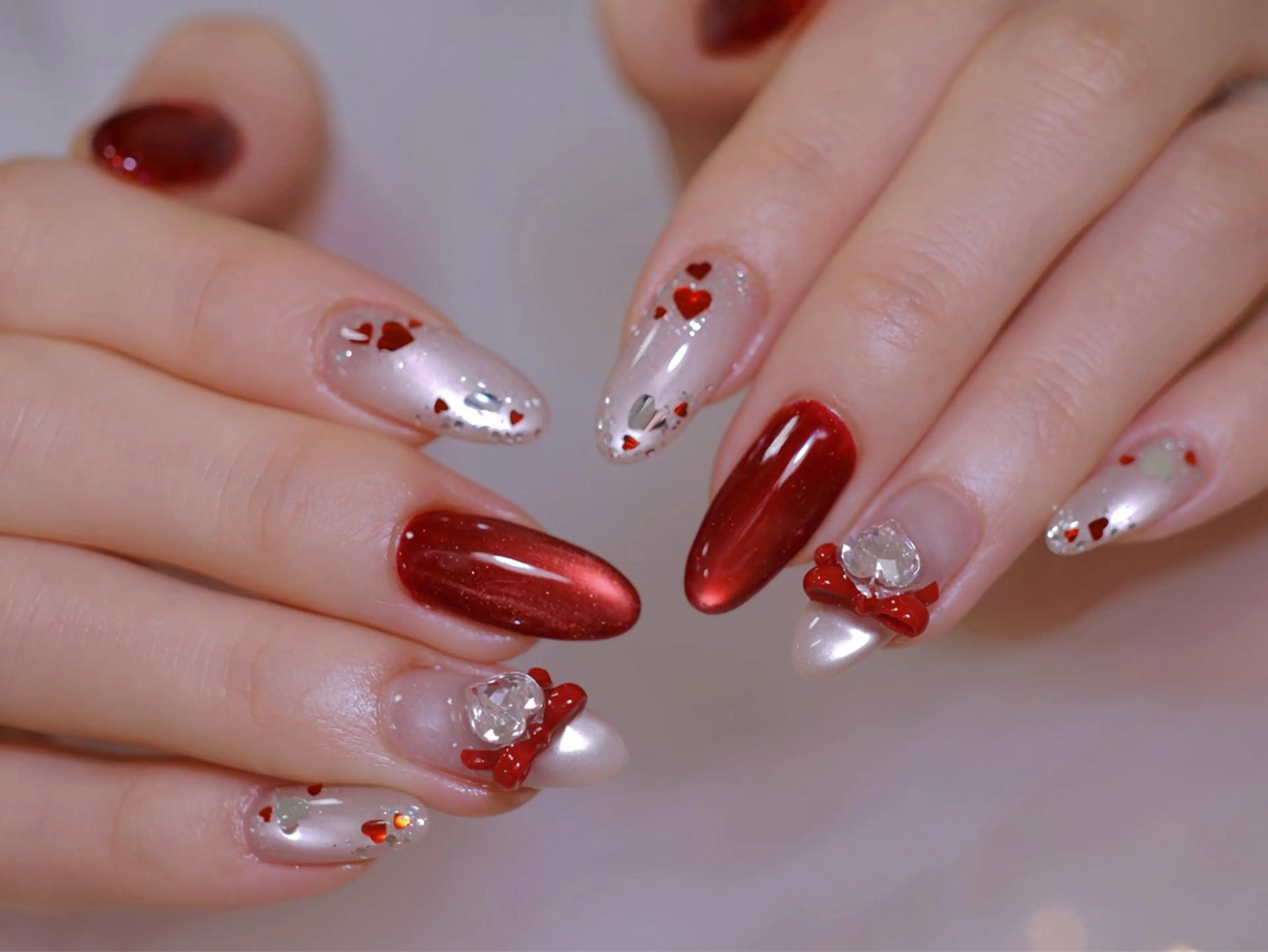 ネイル ハート マグネットネイル リボン バレンタイン ハンドネイル 幻之花 Nailのネイルデザイン