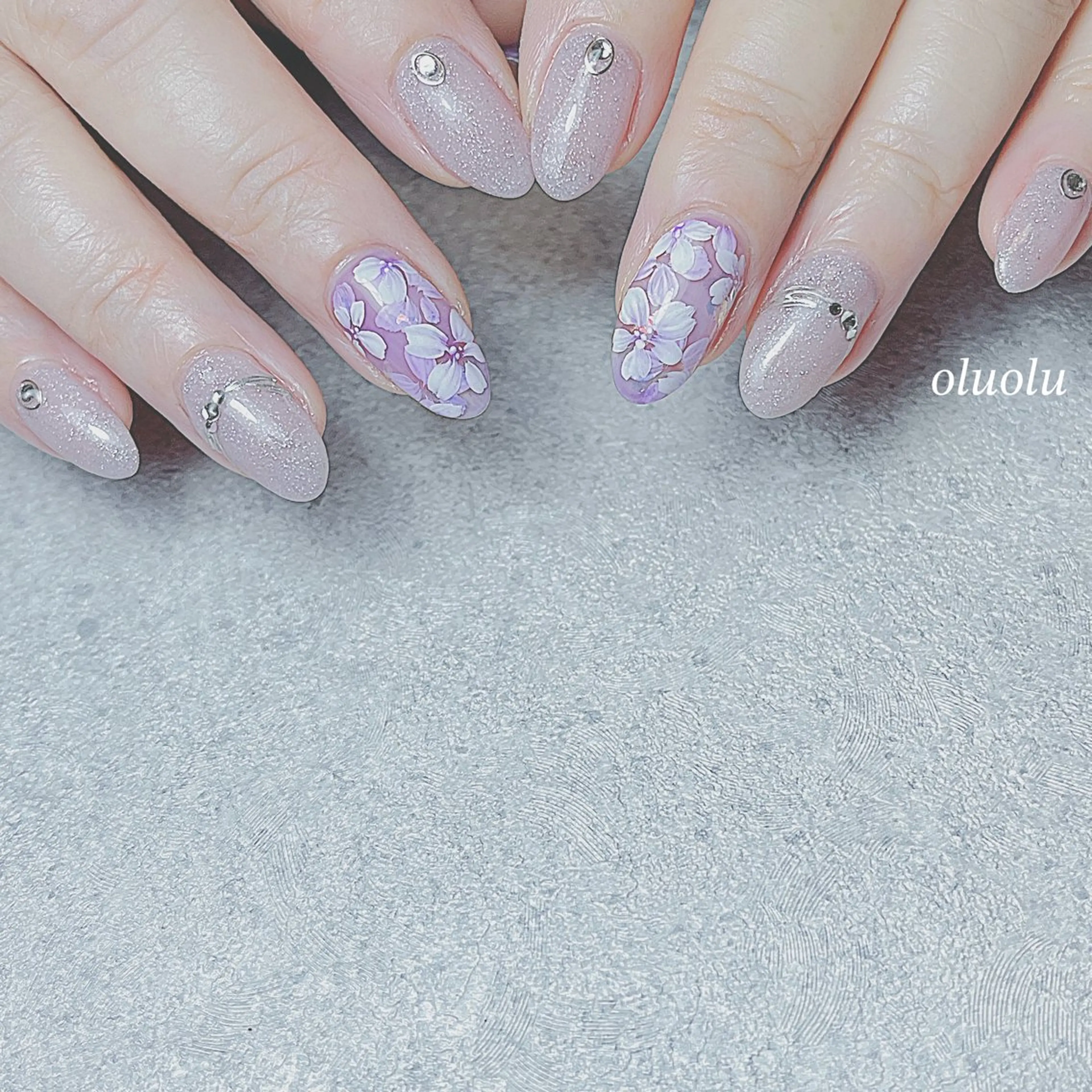 ネイル アートネイル フラワーネイル フットネイル ミラーネイル パープル ハンドネイル 大村 紬華のネイルデザイン