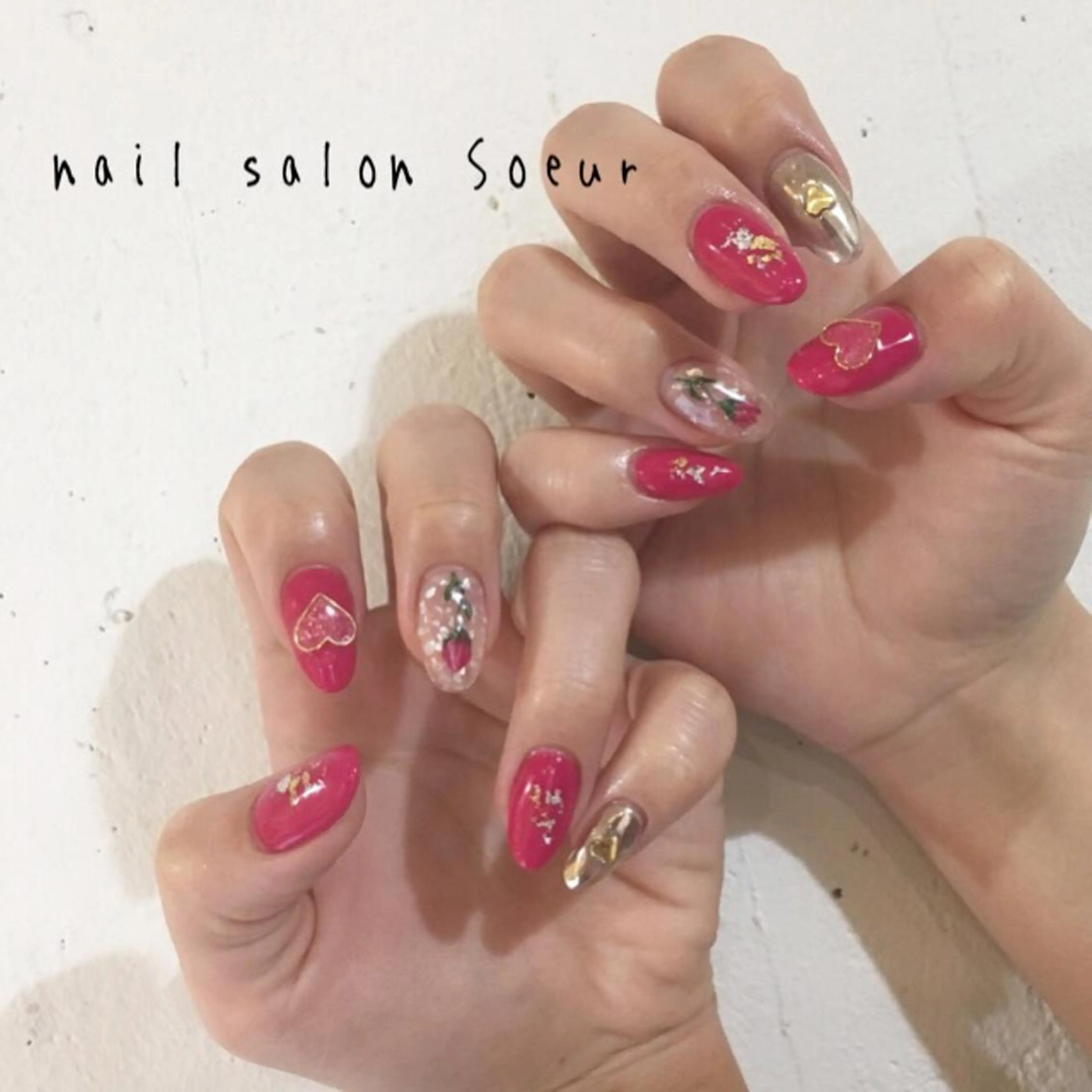 ネイル 長さ出し フラワーネイル ハート ミラーネイル 持ち込み ハンドネイル nail salon Soeurのネイルデザイン