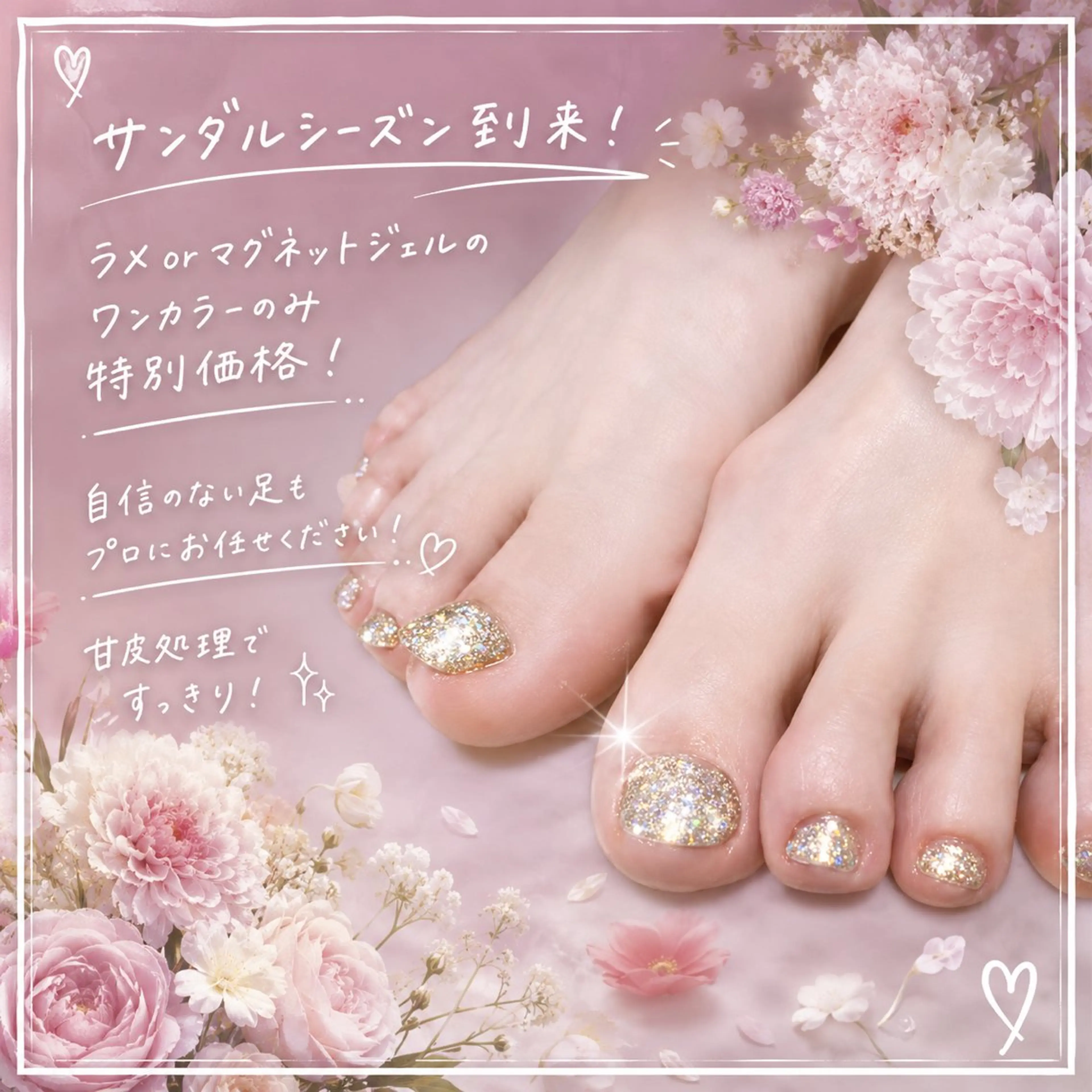 サンダルシーズン到来！🌹〈フット〉マグネットネイルワンカラーorラメワンカラー【ジェルオフ＋500円】の写真
