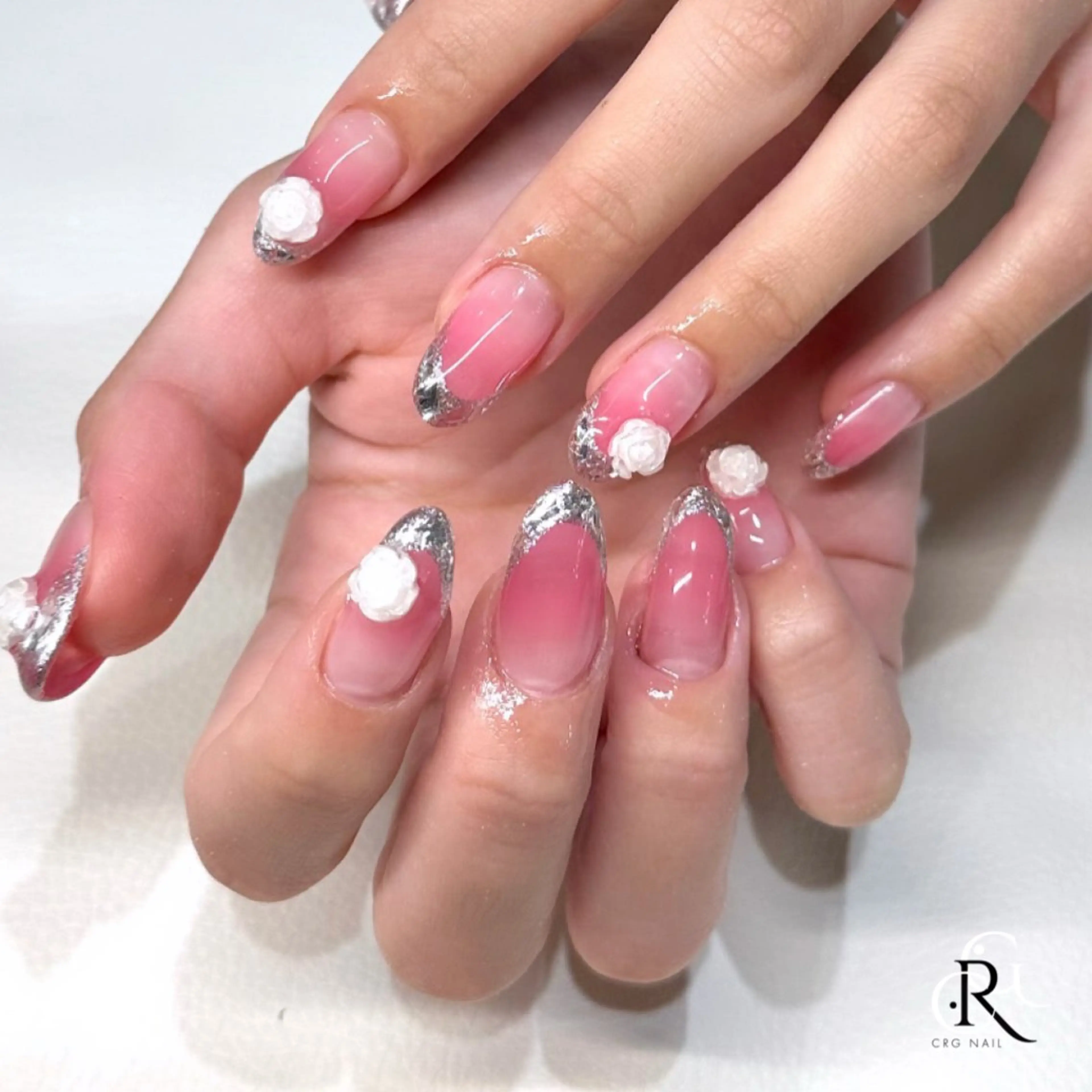 ネイル フレンチネイル ガラスフレンチ ピンク ハンドネイル 美フォルム✨ CRG　RURIのネイルデザイン