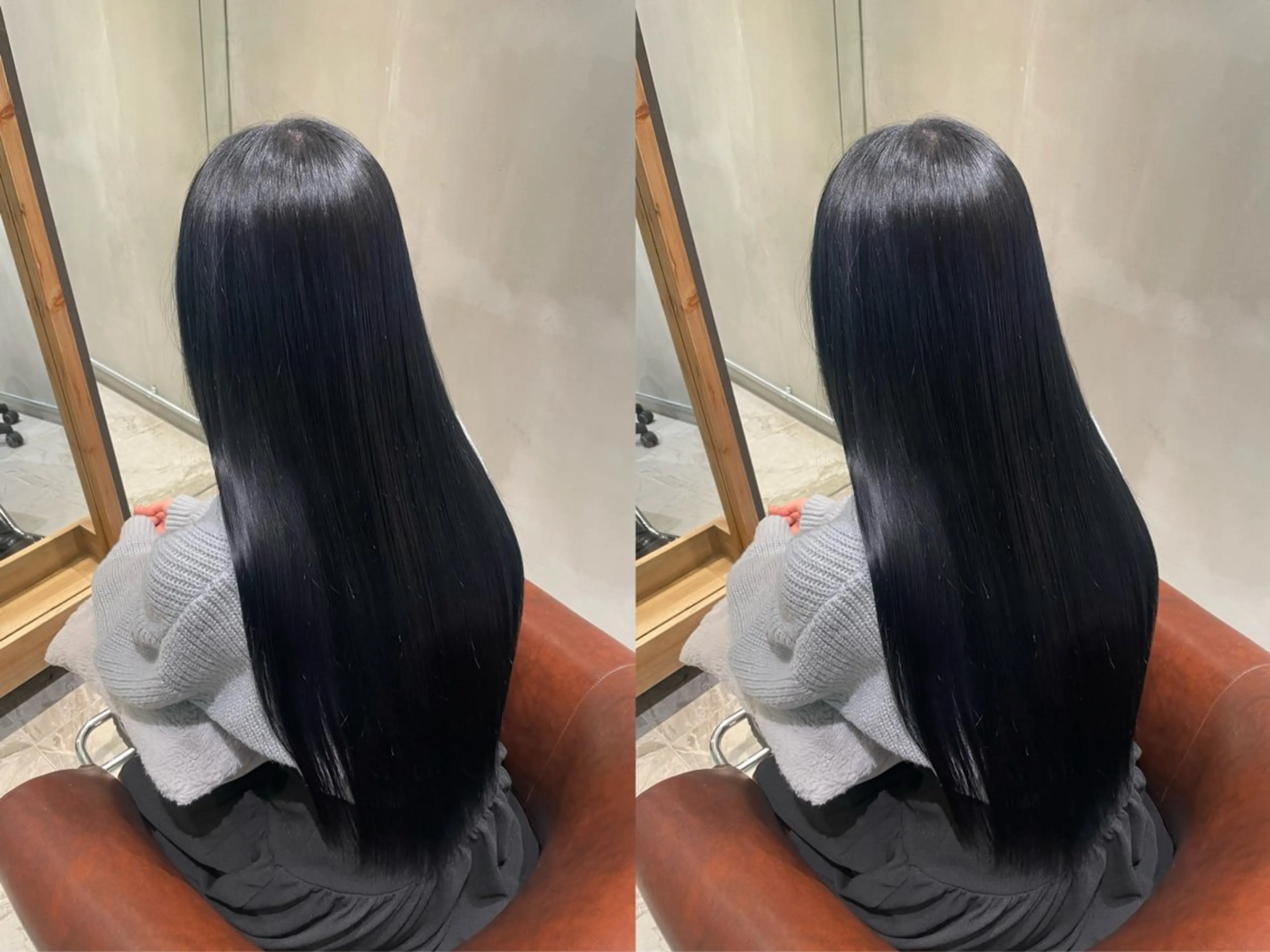 ロング カラー 黒髪 ブリーチ ブルーカラー ブルーブラック 透明感カラー ゆらんちょ/ブリーチ 無w/縮毛矯正/暖色のヘアスタイル