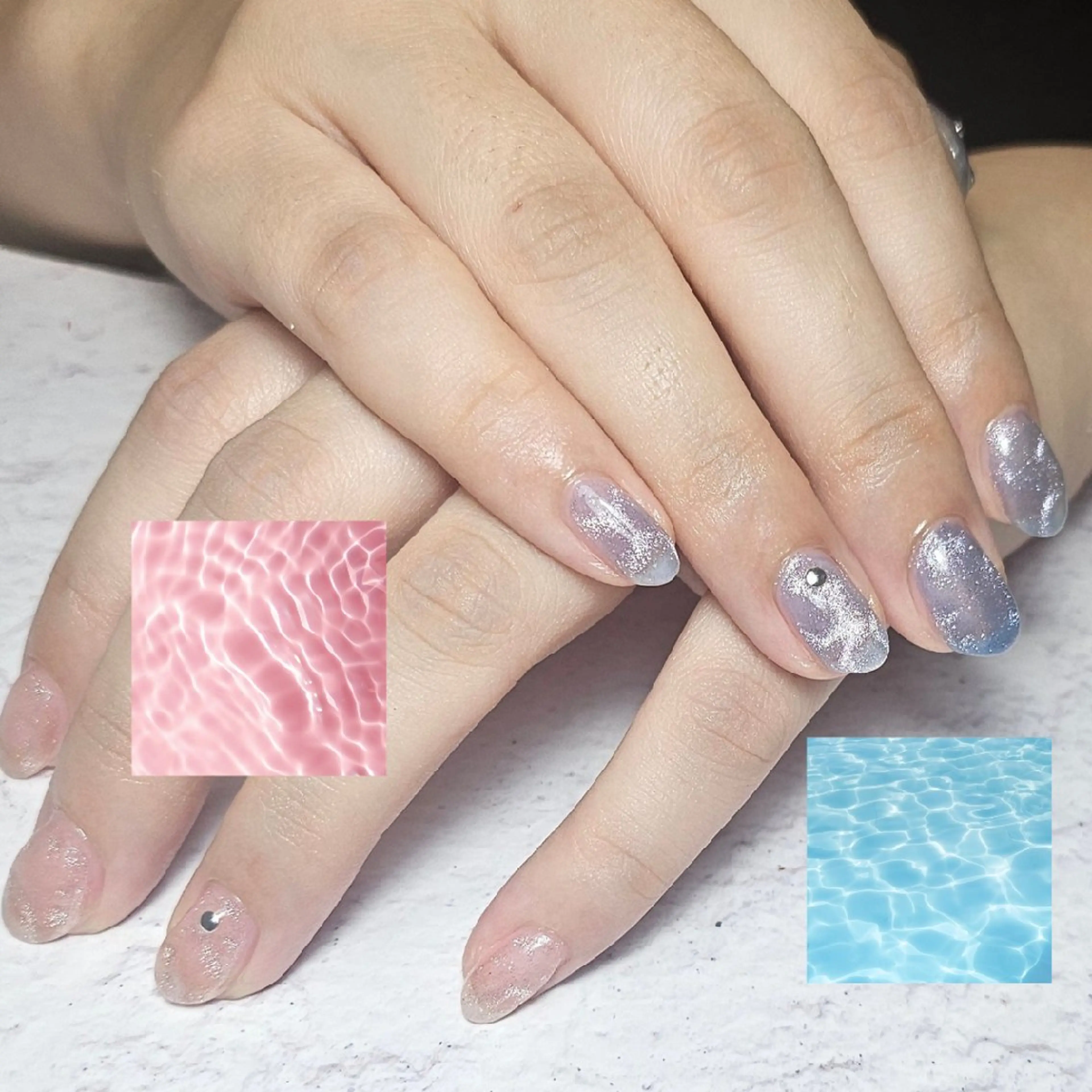 ネイル 水色 マグネットネイル ピンク ハンドネイル Noah'snail   のネイルデザイン