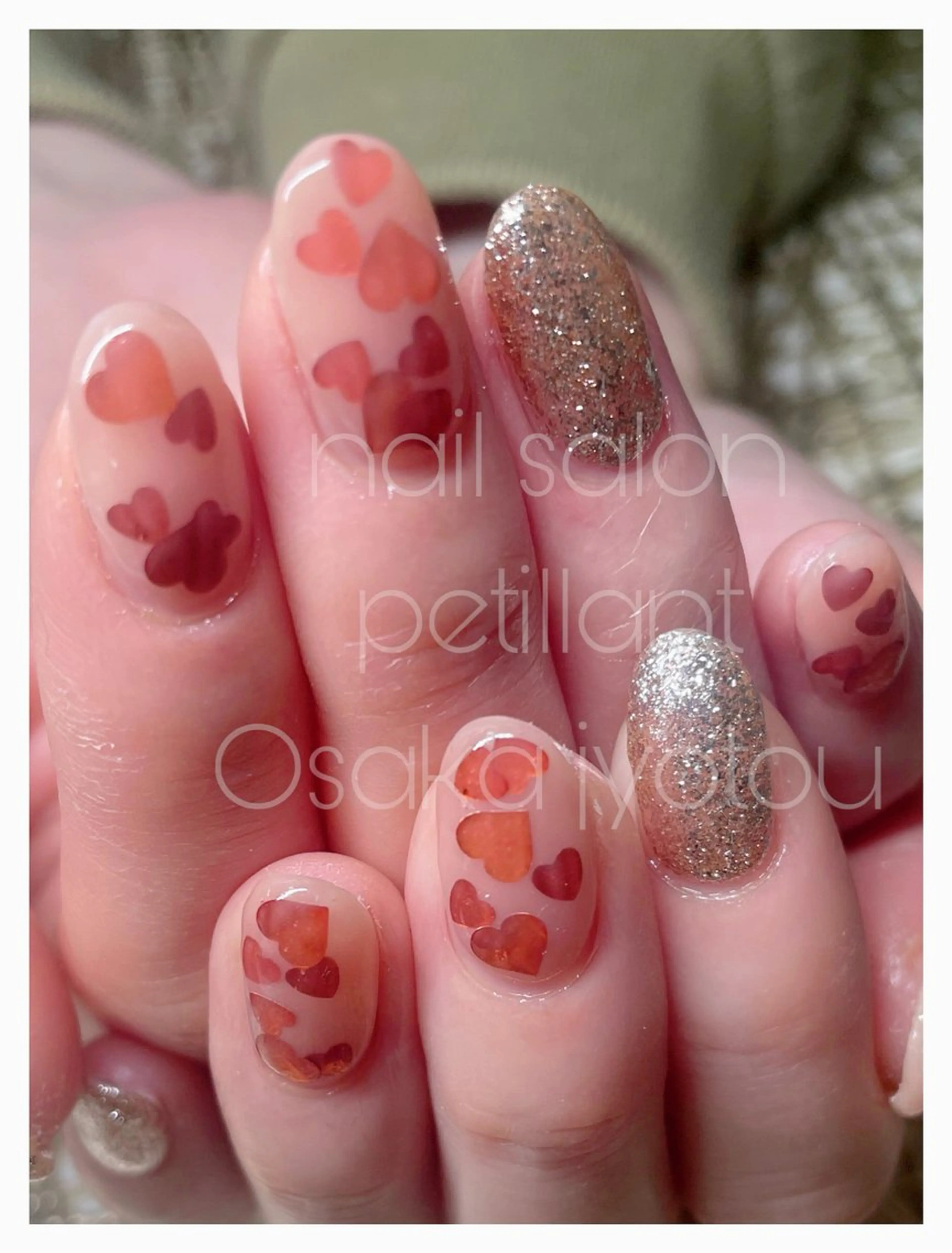 ネイル ハート オレンジ ピンク nail salon petillantのネイルデザイン