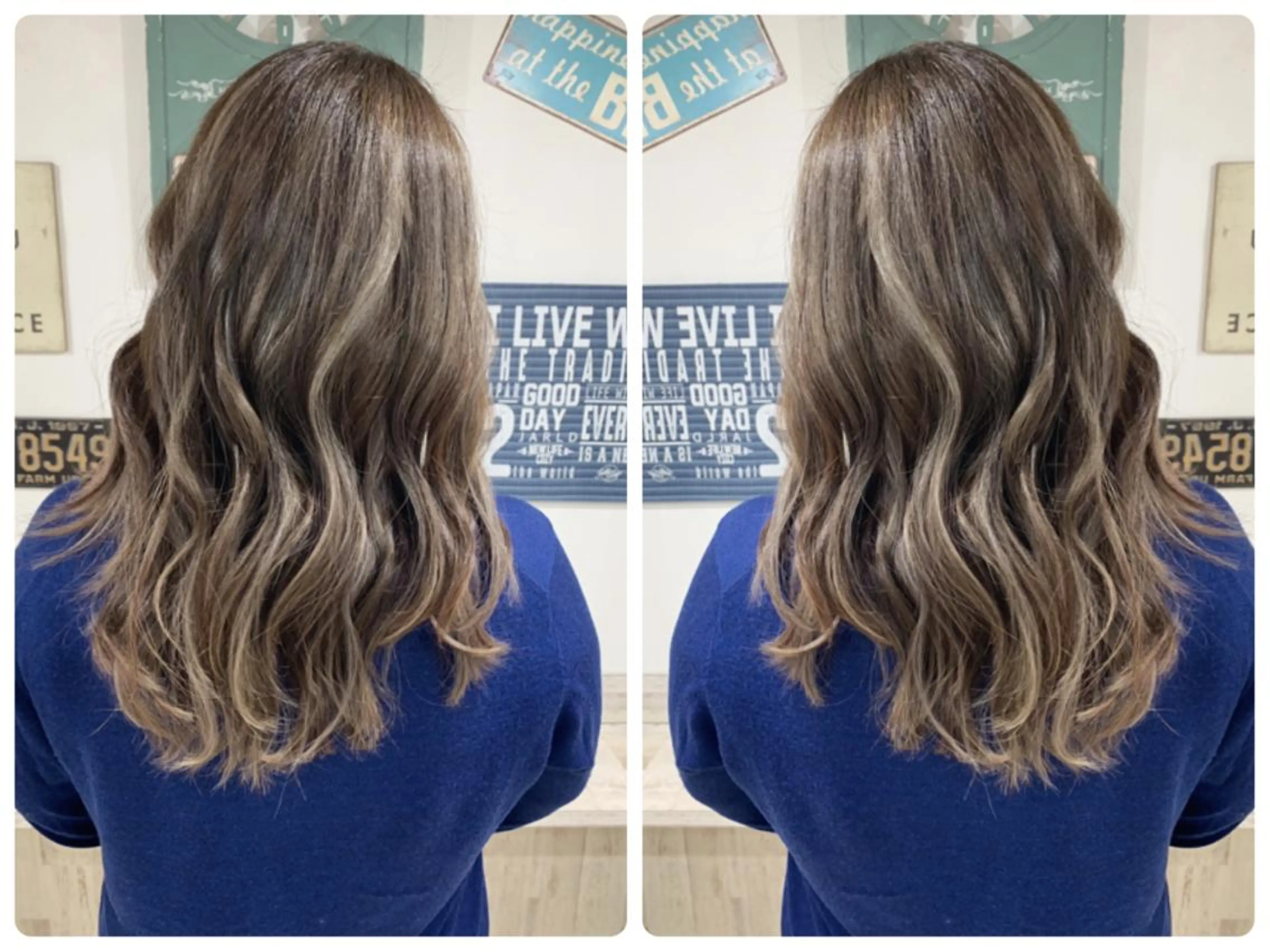 セミロング カラー アッシュ バレイヤージュ ブリーチ デザインカラー グレージュ カット ヘアカラー 京都大人女性ショート 徒歩1分/秋山のヘアスタイル