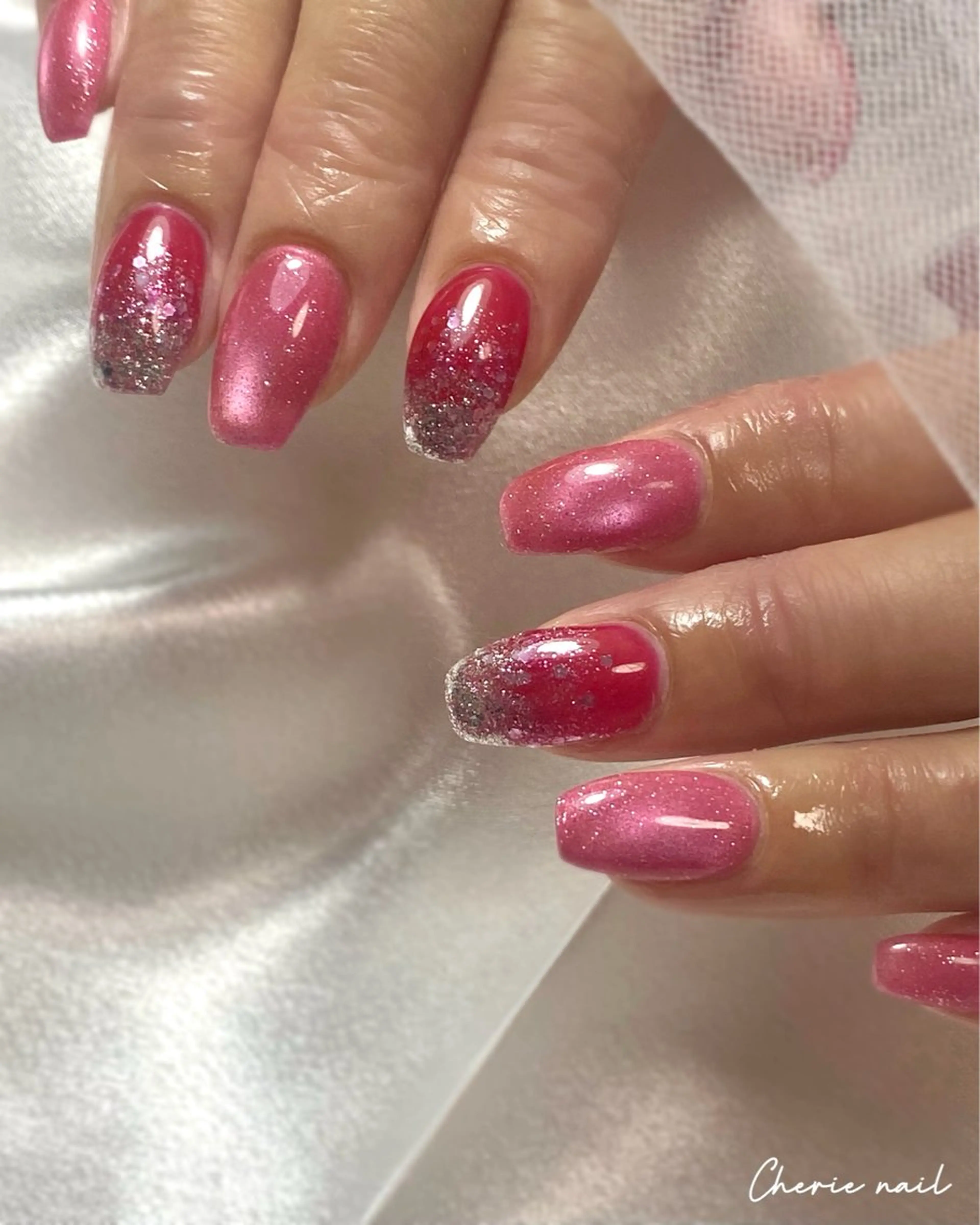 ネイル フラッシュネイル ジェルネイル ラメ(グリッター) マグネットネイル ピンク ハンドネイル Cherienail yunaのネイルデザイン