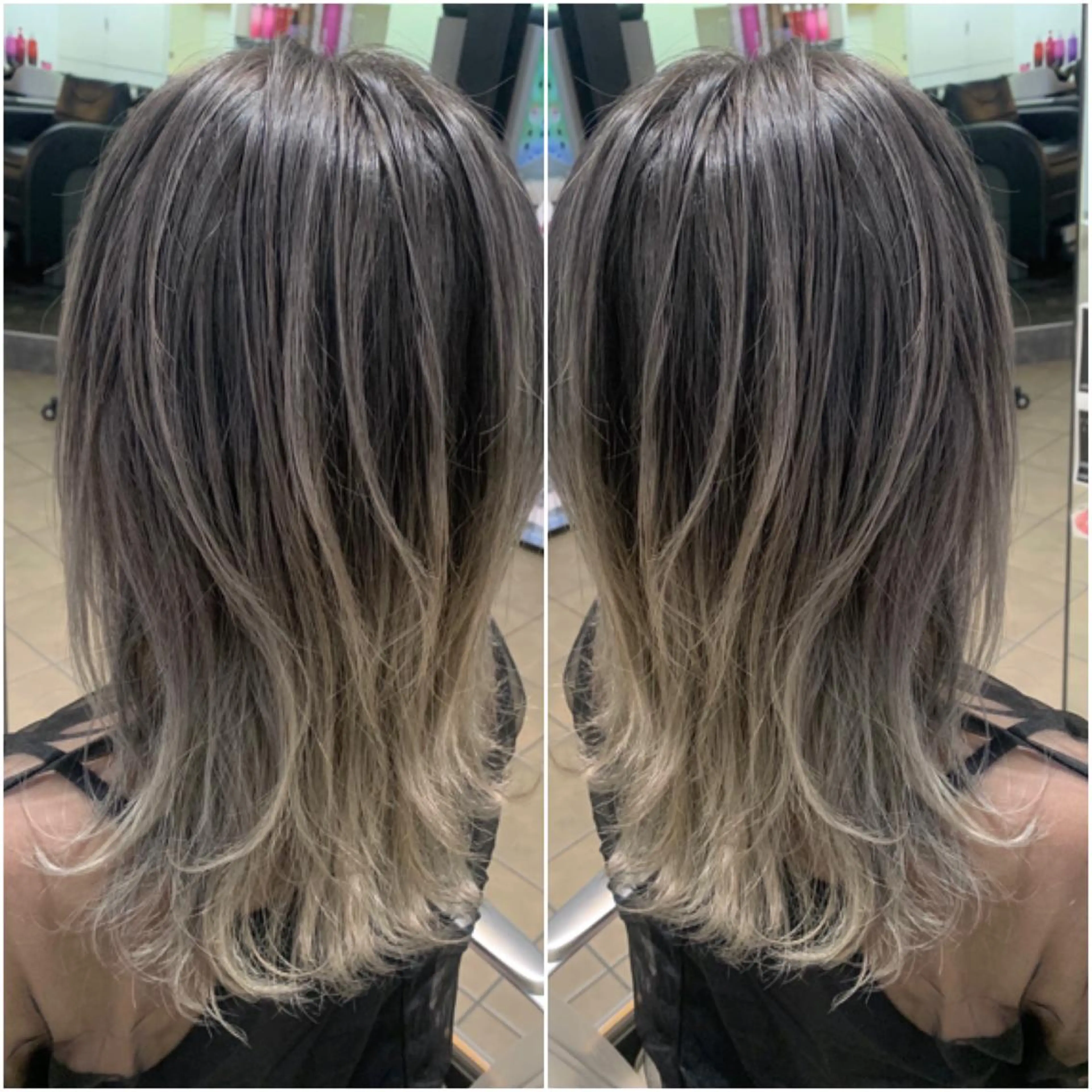 セミロング カラー バレイヤージュ ブリーチ ハイライトカラー ハイライト レイヤーカット 宮永 智香のヘアスタイル