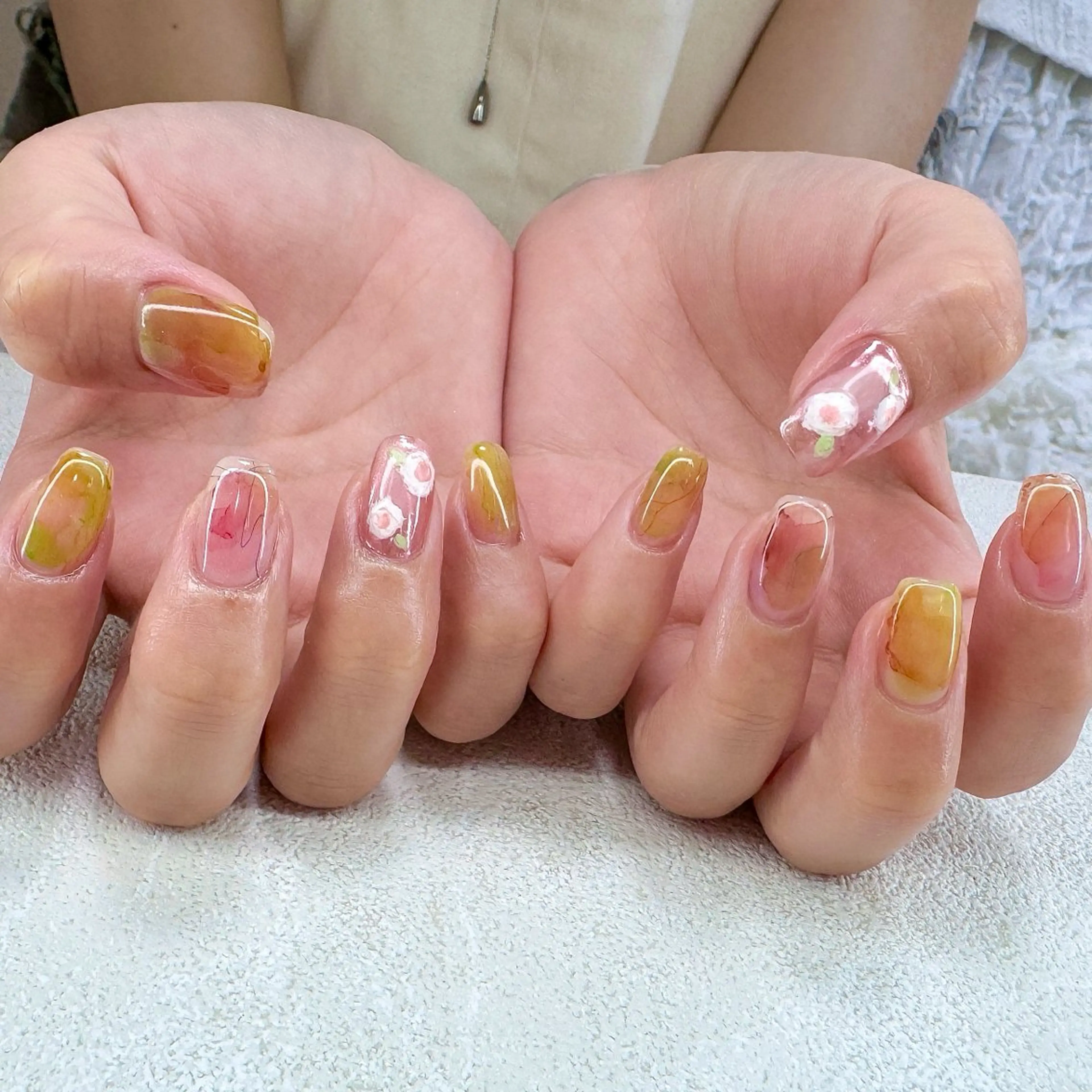 ネイル ブラウン クリアネイル ミラーネイル ニュアンスネイル 夏ネイル ハンドネイル pointillé .ayaのネイルデザイン