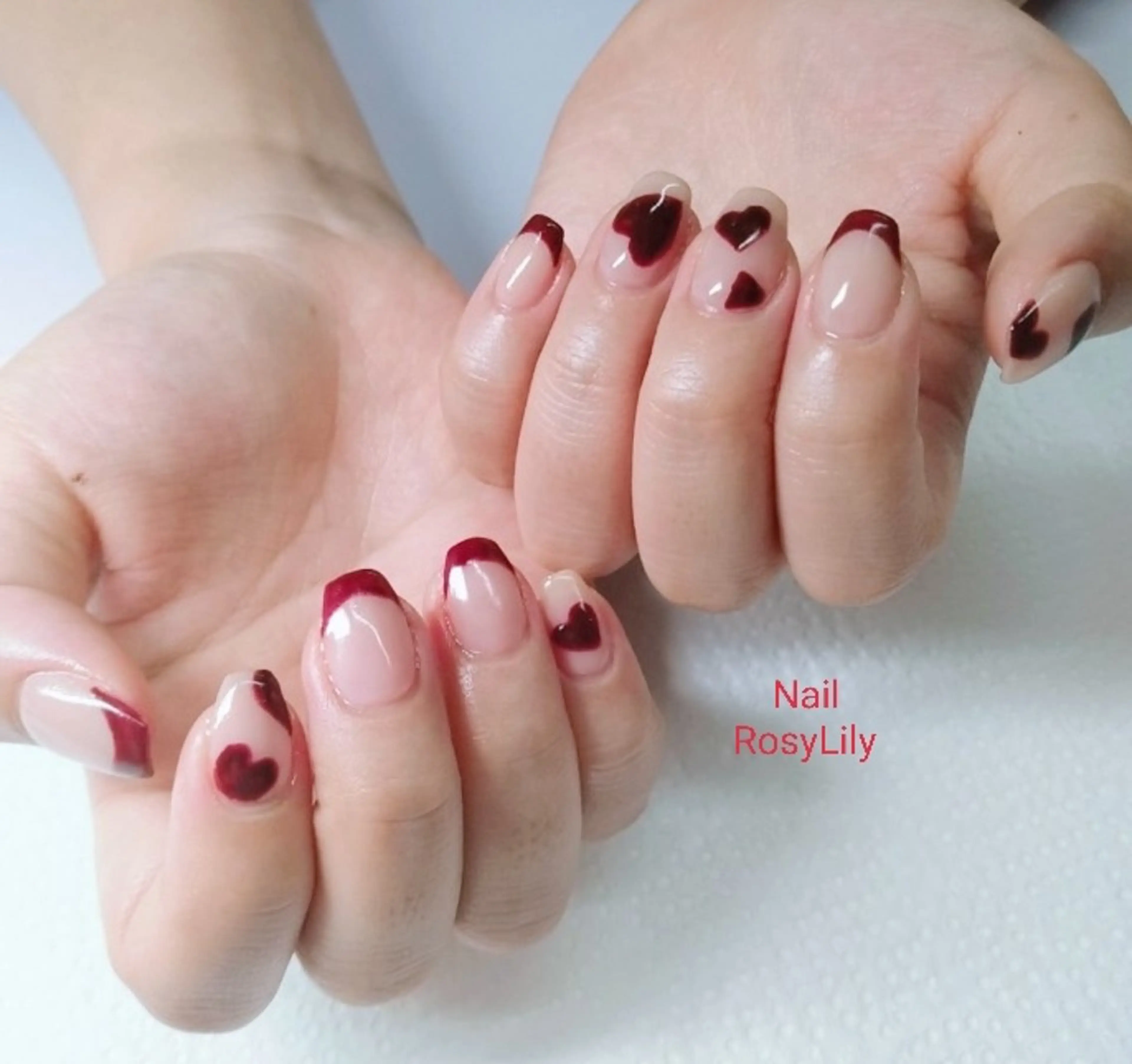 ネイル ボルドー フレンチネイル ハート ハンドネイル ハンドケア プライベートサロン Rosy Lilyのネイルデザイン
