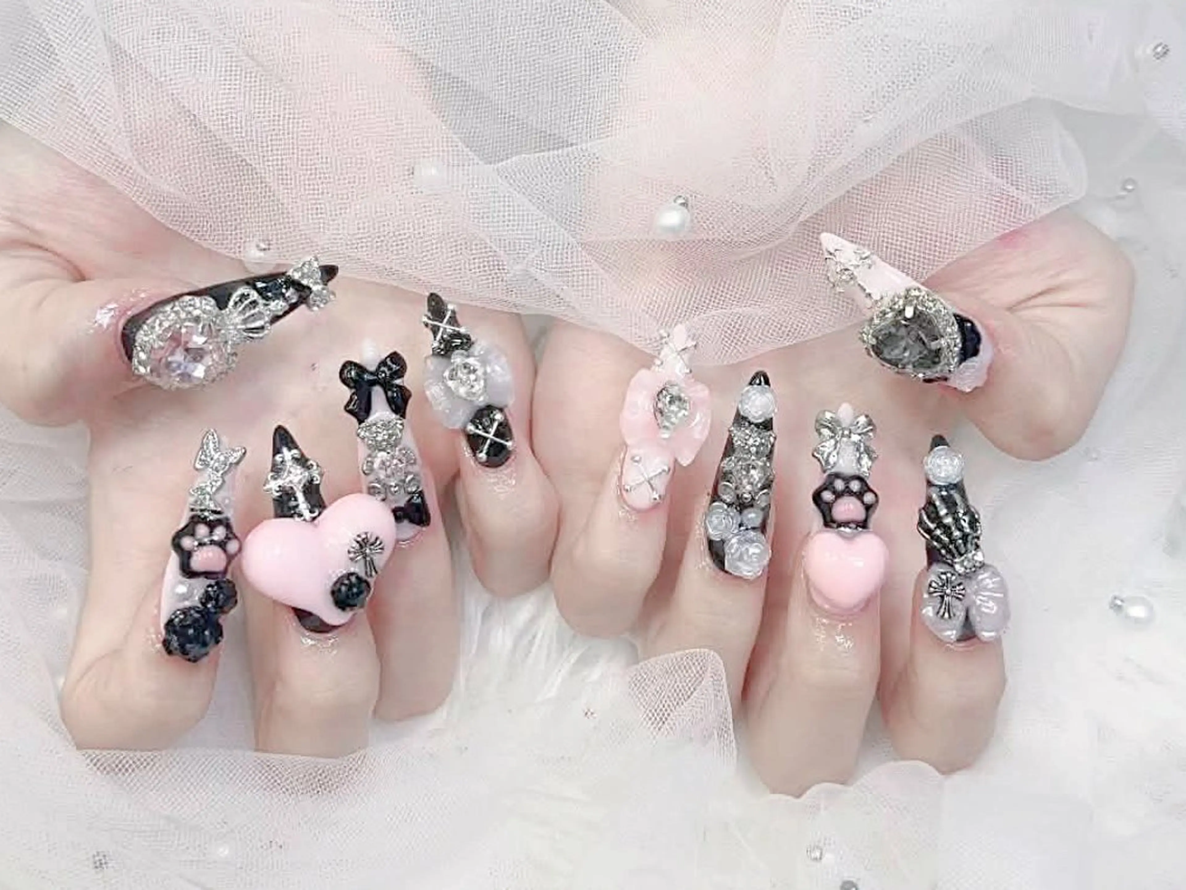 ネイル 成人式 大理石ネイル(マーブル) リボン 夏ネイル ネイルチップ ハンドネイル MoMoA Nail ネイル長さ出し専門店のネイルデザイン