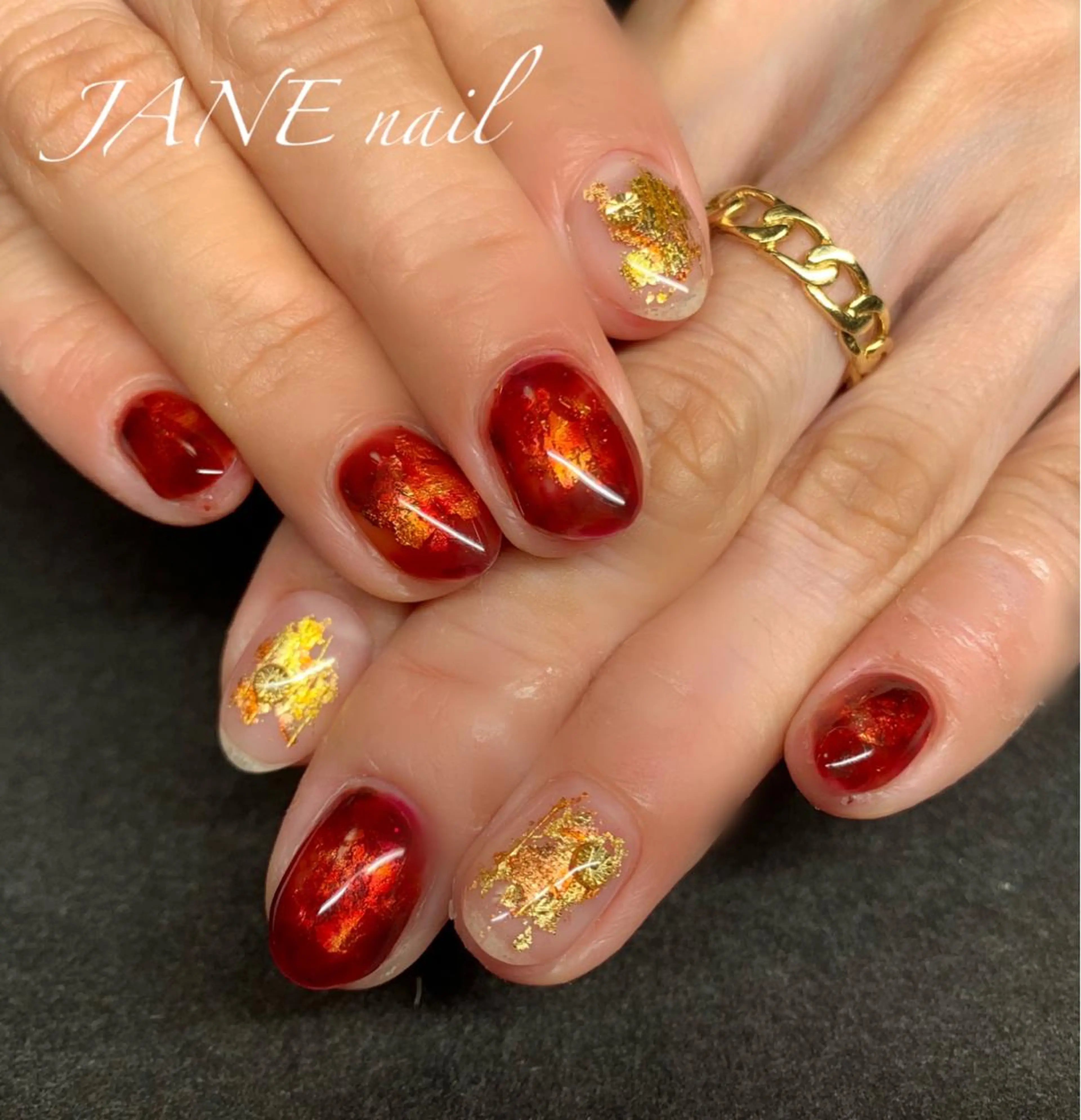 ネイル べっ甲ネイル ボルドー フットネイル ゴールド 大理石ネイル(マーブル) ハンドネイル Nail Salon JANEのネイルデザイン