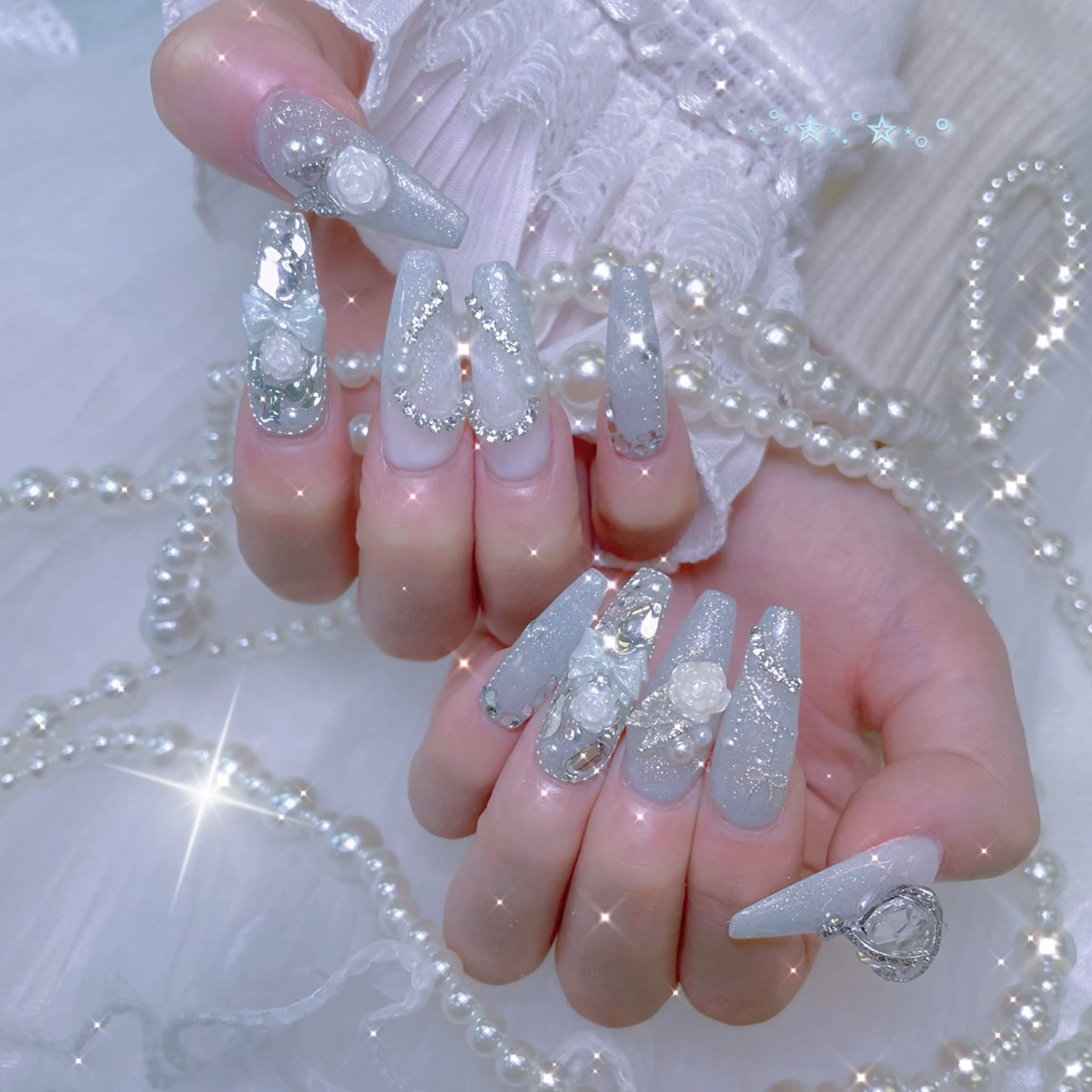 ネイル ハート 韓国ネイル レース 水色 春ネイル ハンドネイル Melody  3D/スカルプ専門店のネイルデザイン