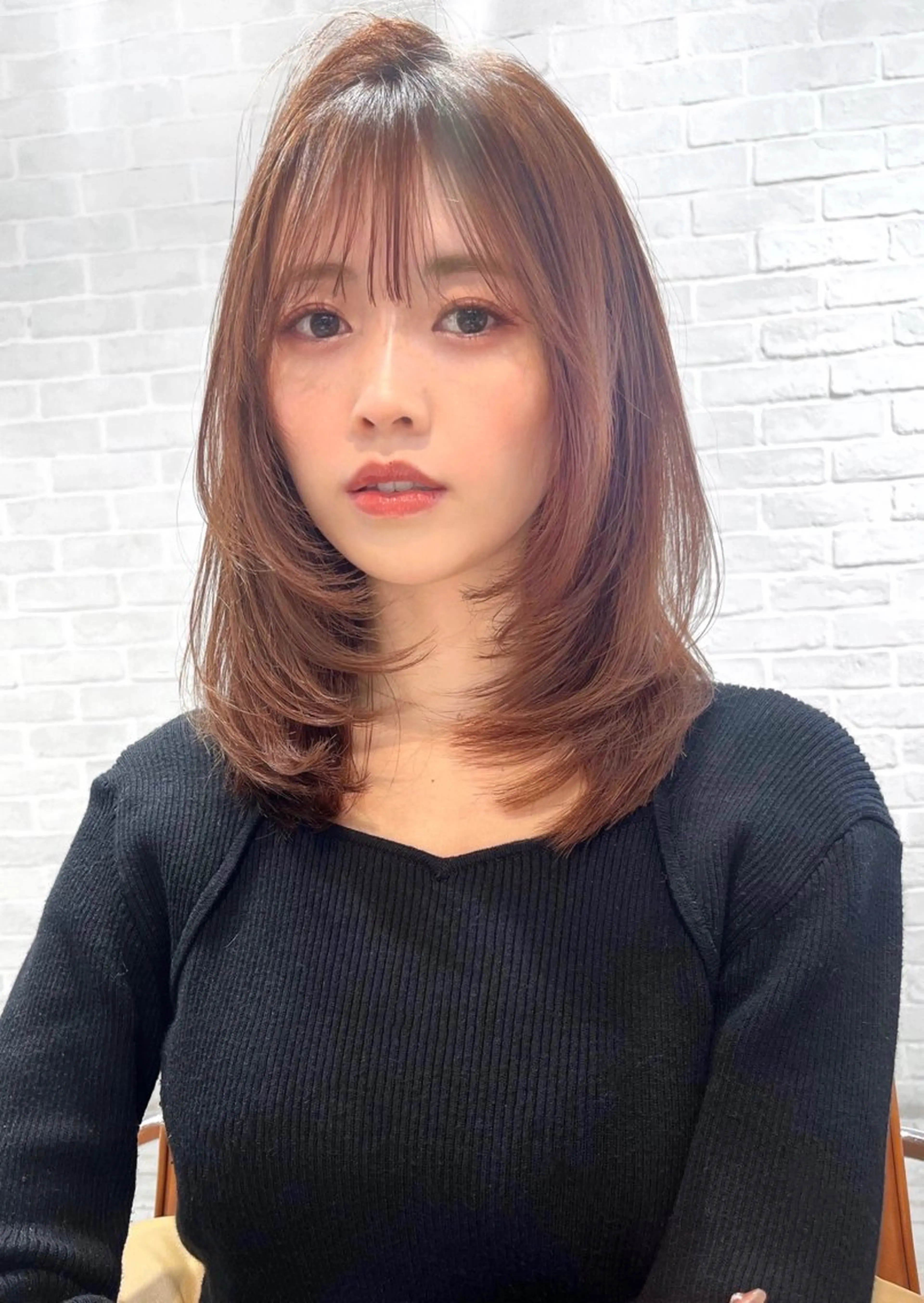 セミロング カラー ブラウンカラー オレンジ オレンジブラウン ハッシュカット 韓国風ヘア カット ヘアカラー 【韓国ヘア×透明感 カラー】笹谷 莉未のヘアスタイル