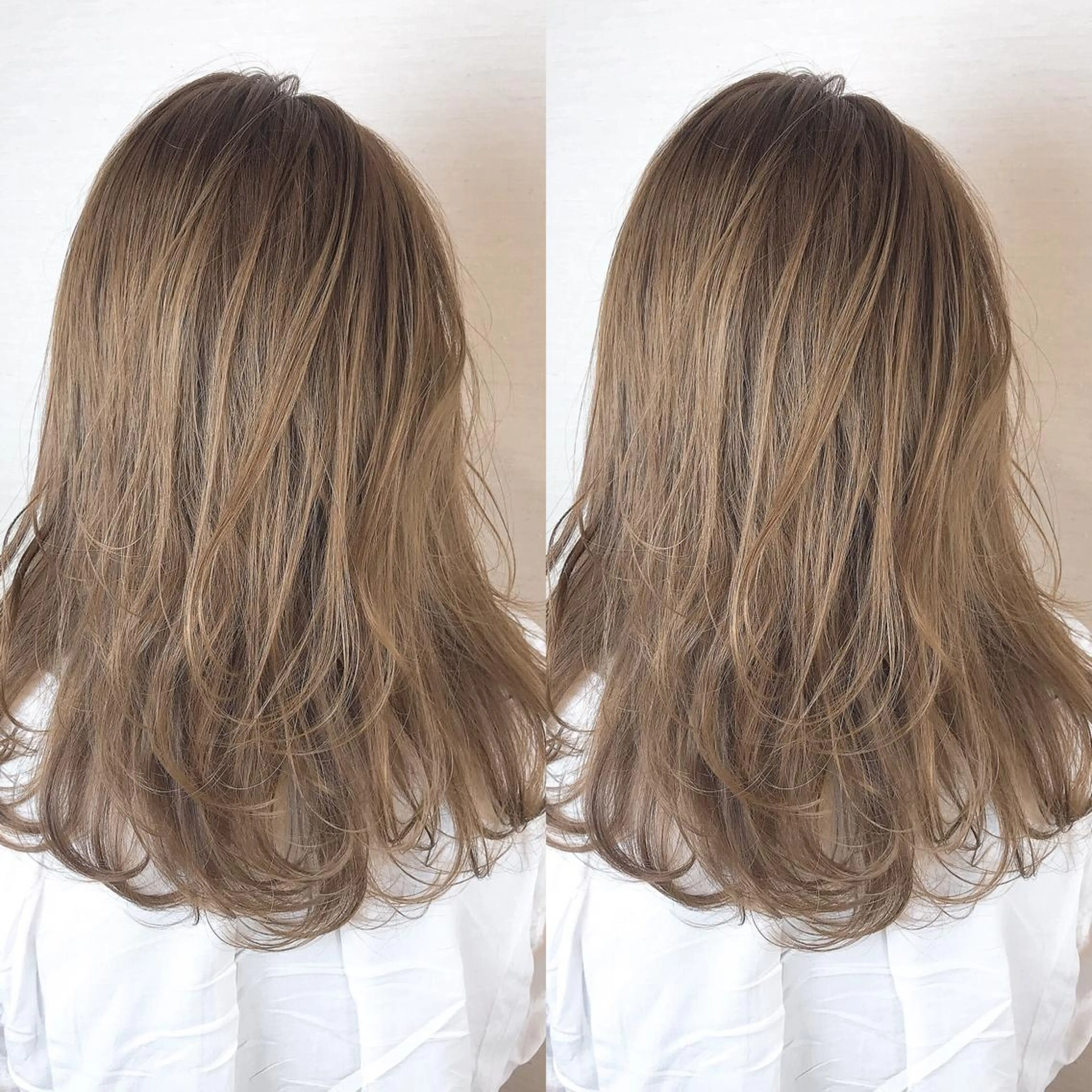 セミロング カラー ベージュカラー 韓国レイヤーカット/ ダブルカラーのヘアスタイル