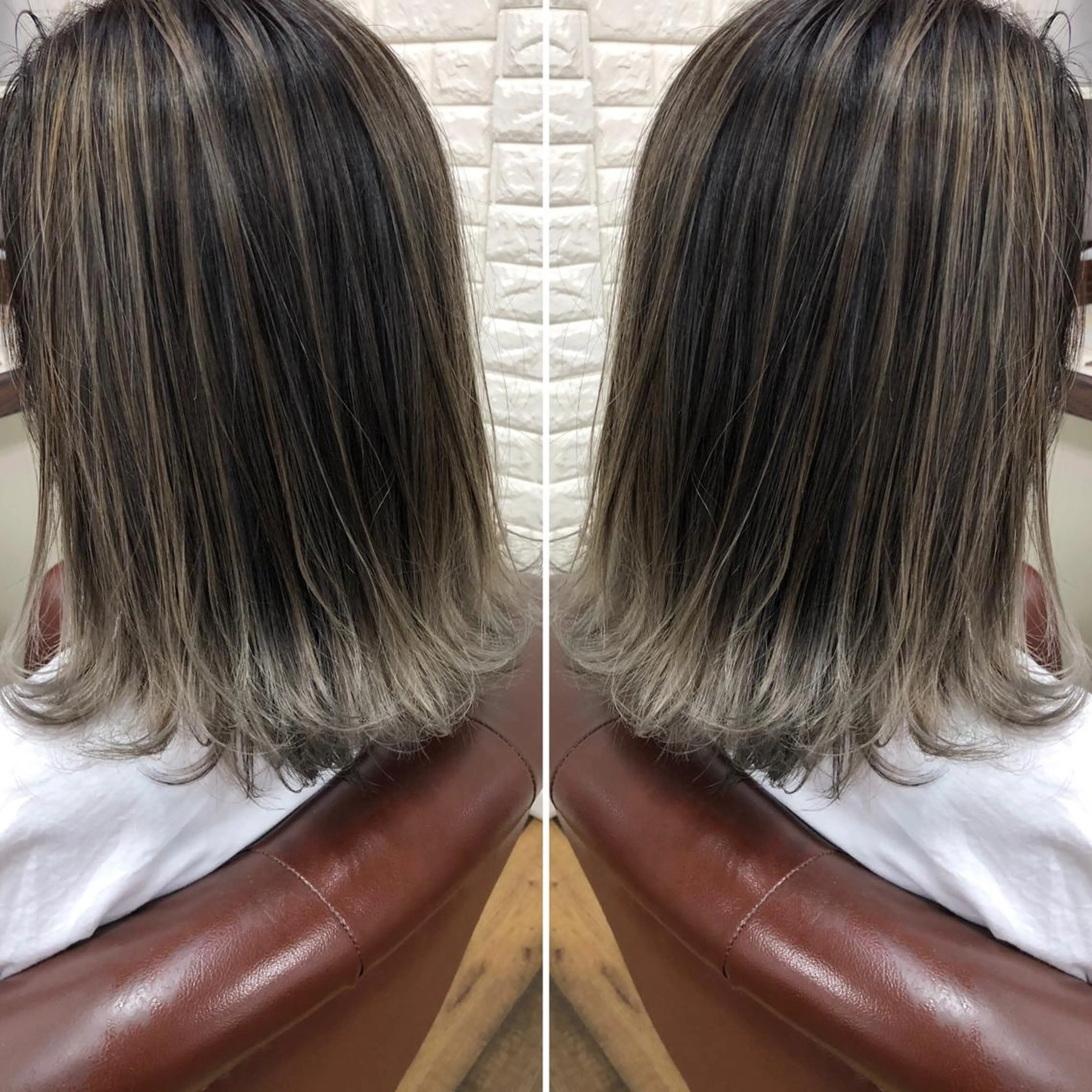 ミディアム カラー バレイヤージュ ブリーチ ケアブリーチ グレージュ レイヤーカット ヘアカラー トリートメント famille所属・famille ファミーユのヘアスタイル