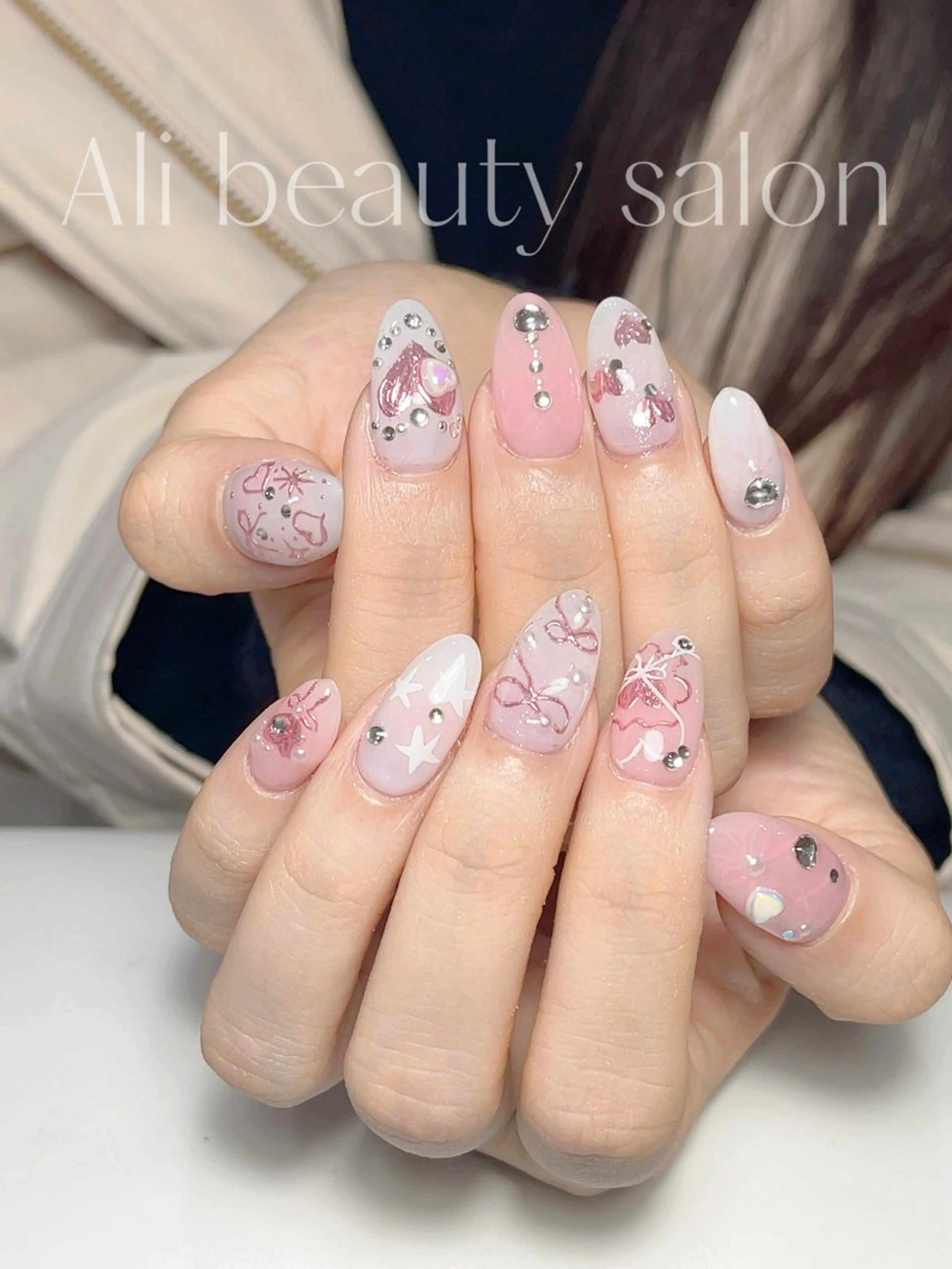 ネイル ハート ミラーネイル 持ち込み ハンドネイル Ali 新小岩 ネイル専門のネイルデザイン