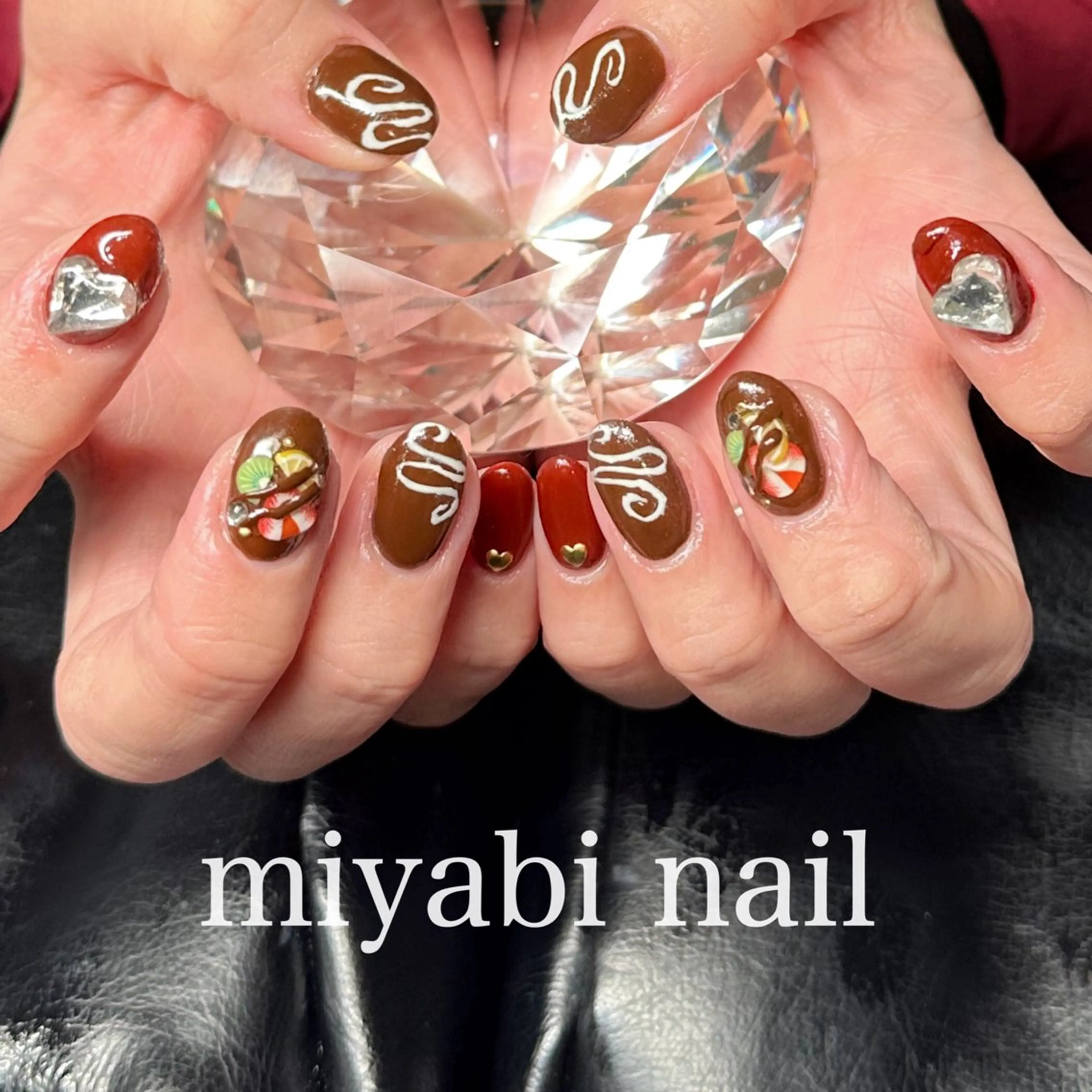 ネイル アートネイル ボルドー ブラウン ジェルネイル ハート ハンドネイル miyabi nail 桂川駅近くのネイルデザイン