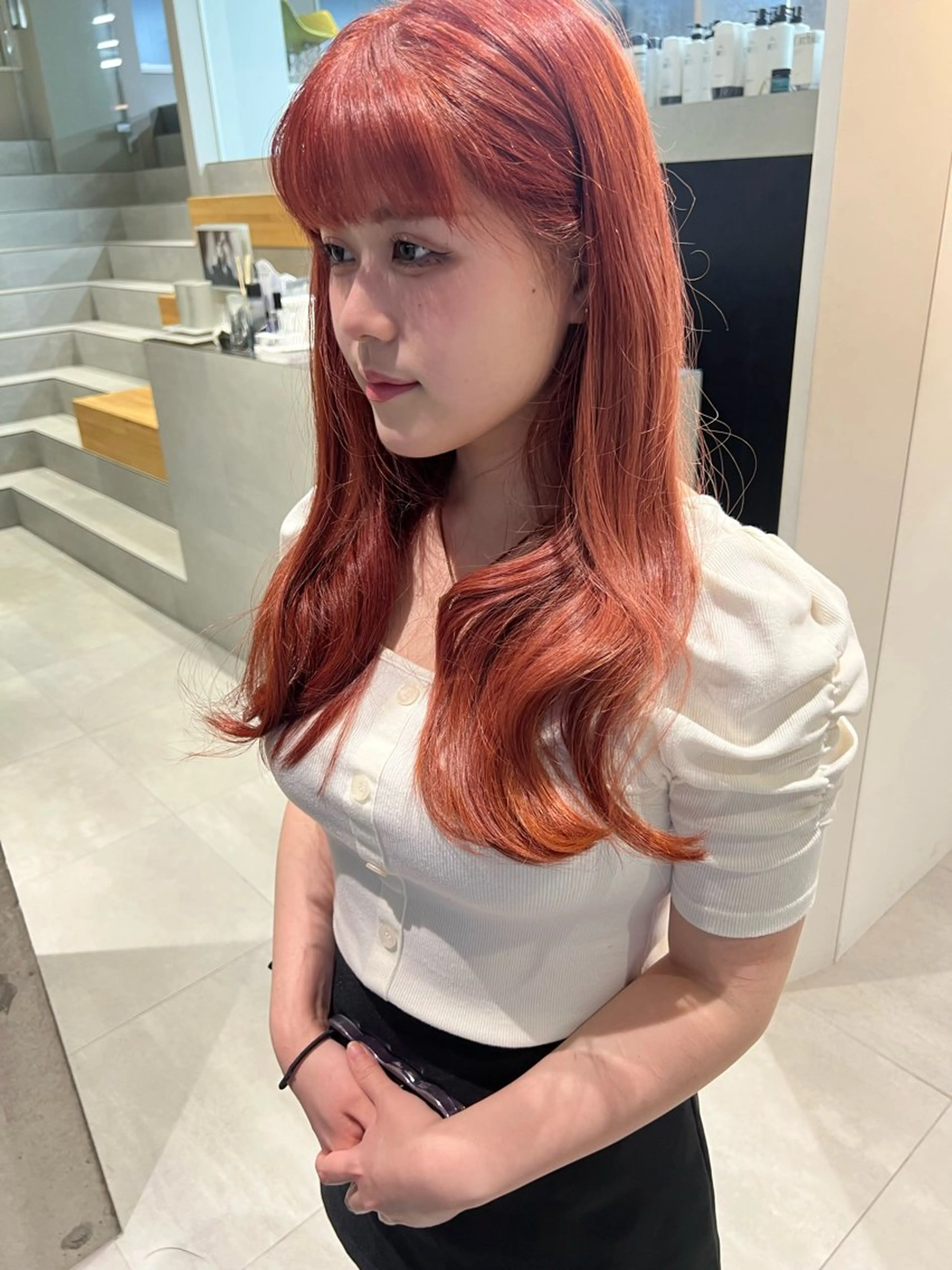 ロング カラー ブリーチ オレンジ ピンクカラー カット ヘアカラー トリートメント 吉沢遣人/レイヤー 艶カラー/抜け感のヘアスタイル