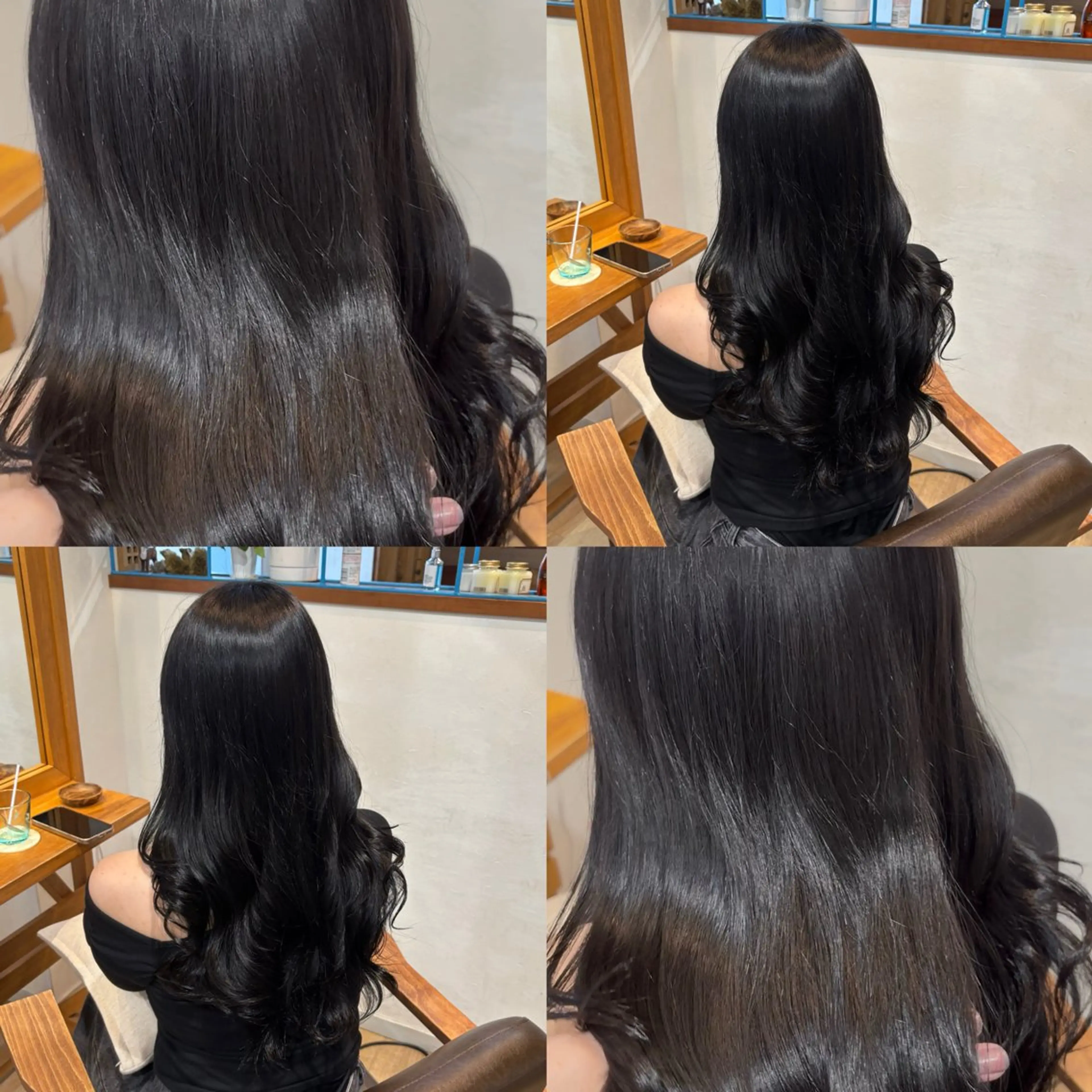 ロング カラー 黒髪 ブルーカラー ブルーブラック 韓国風ヘア カット ヘアカラー トリートメント ヘッドスパ RINNO🌷透明感 カラー/縮毛矯正のヘアスタイル