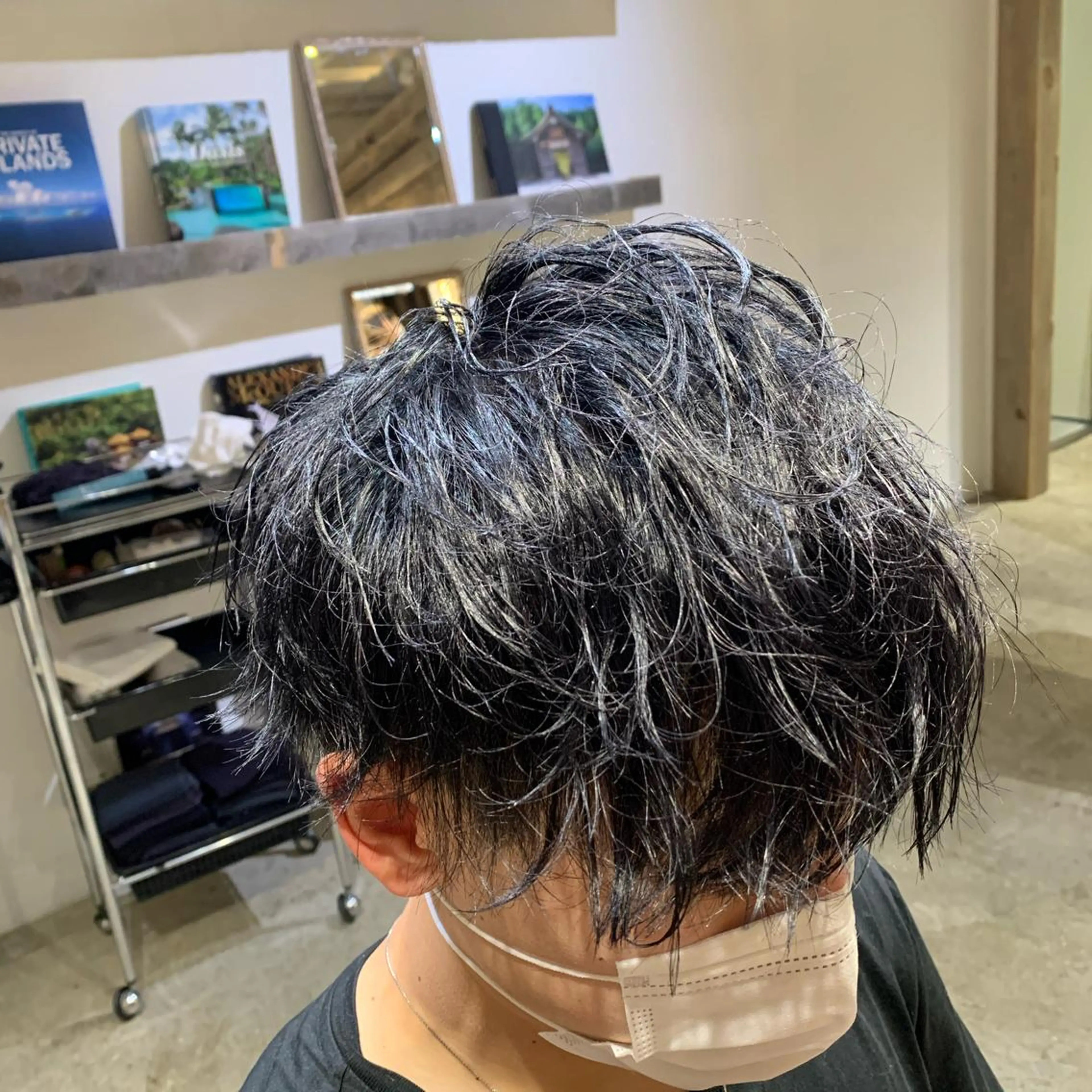 カラー メンズ メンズハイトーン 黒髪 ブルーカラー ブルーブラック ハイトーンカラー 【ロングウルフカット 姫カット】伊藤裕哉のヘアスタイル