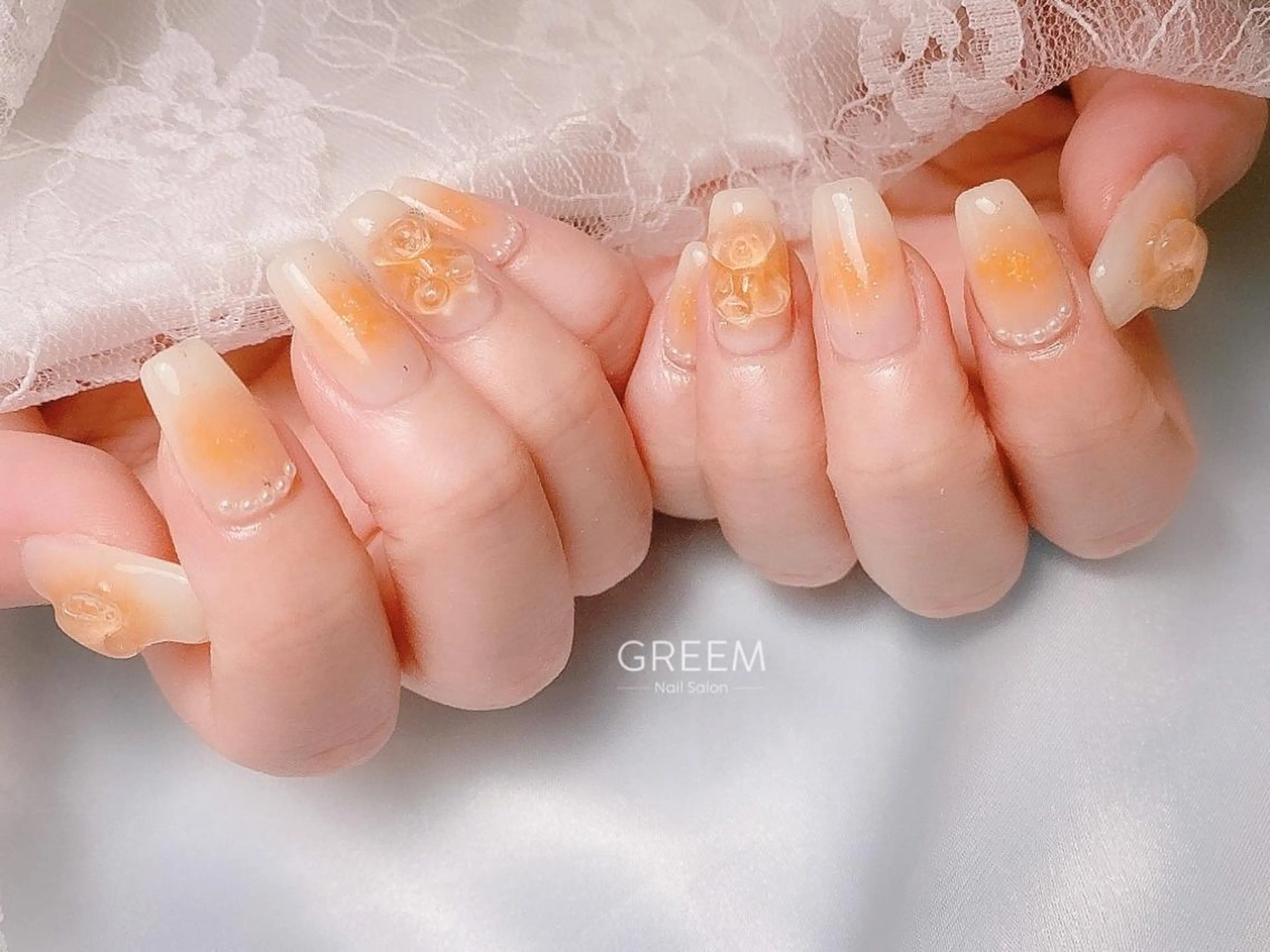 ネイル チークネイル クリアネイル ガーリー オレンジ 春ネイル GREEM グリームのネイルデザイン