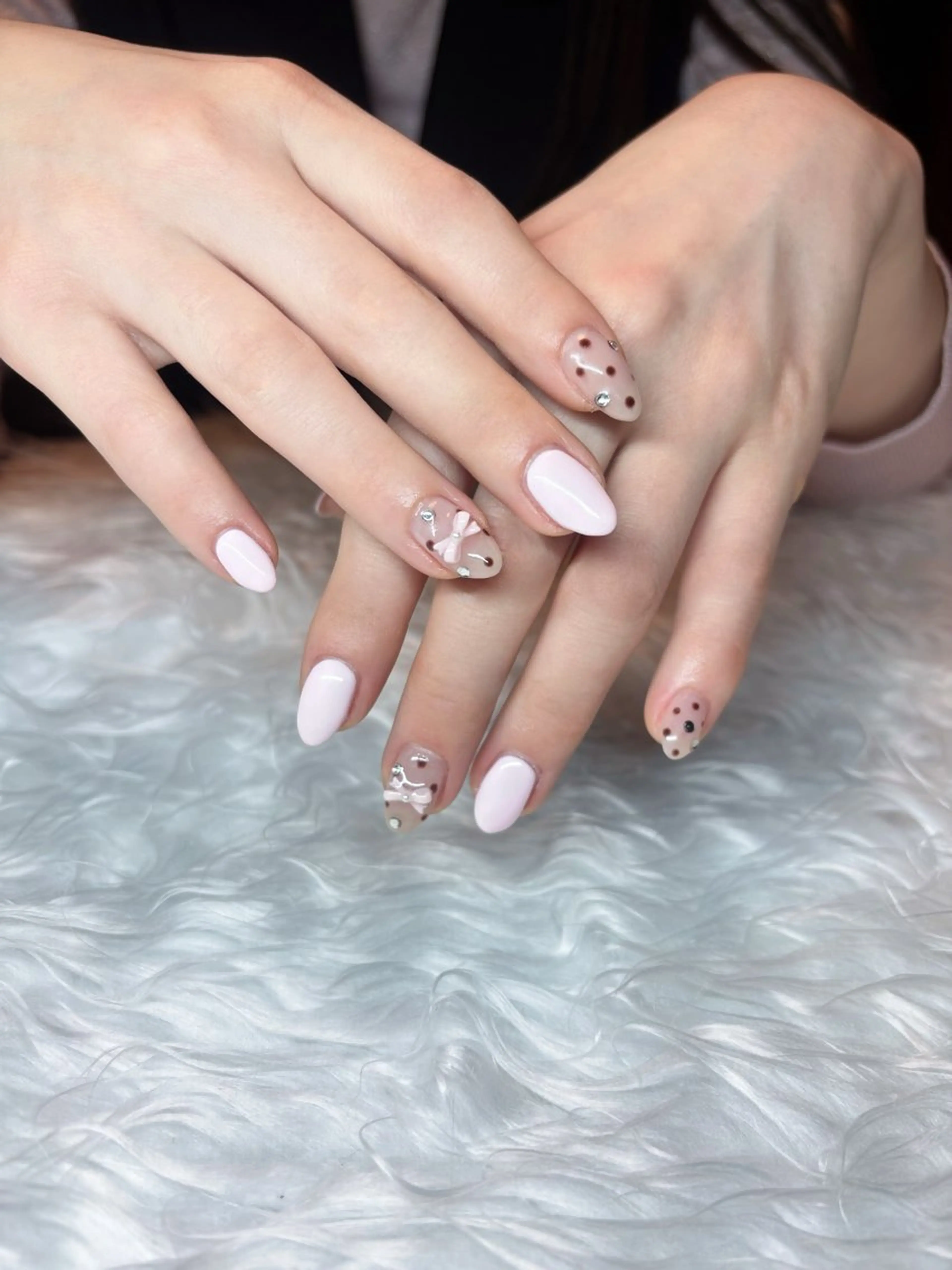 ネイル ドット 韓国ネイル ピンク リボン 春ネイル トータルサロン muuのマツエク・マツパデザイン