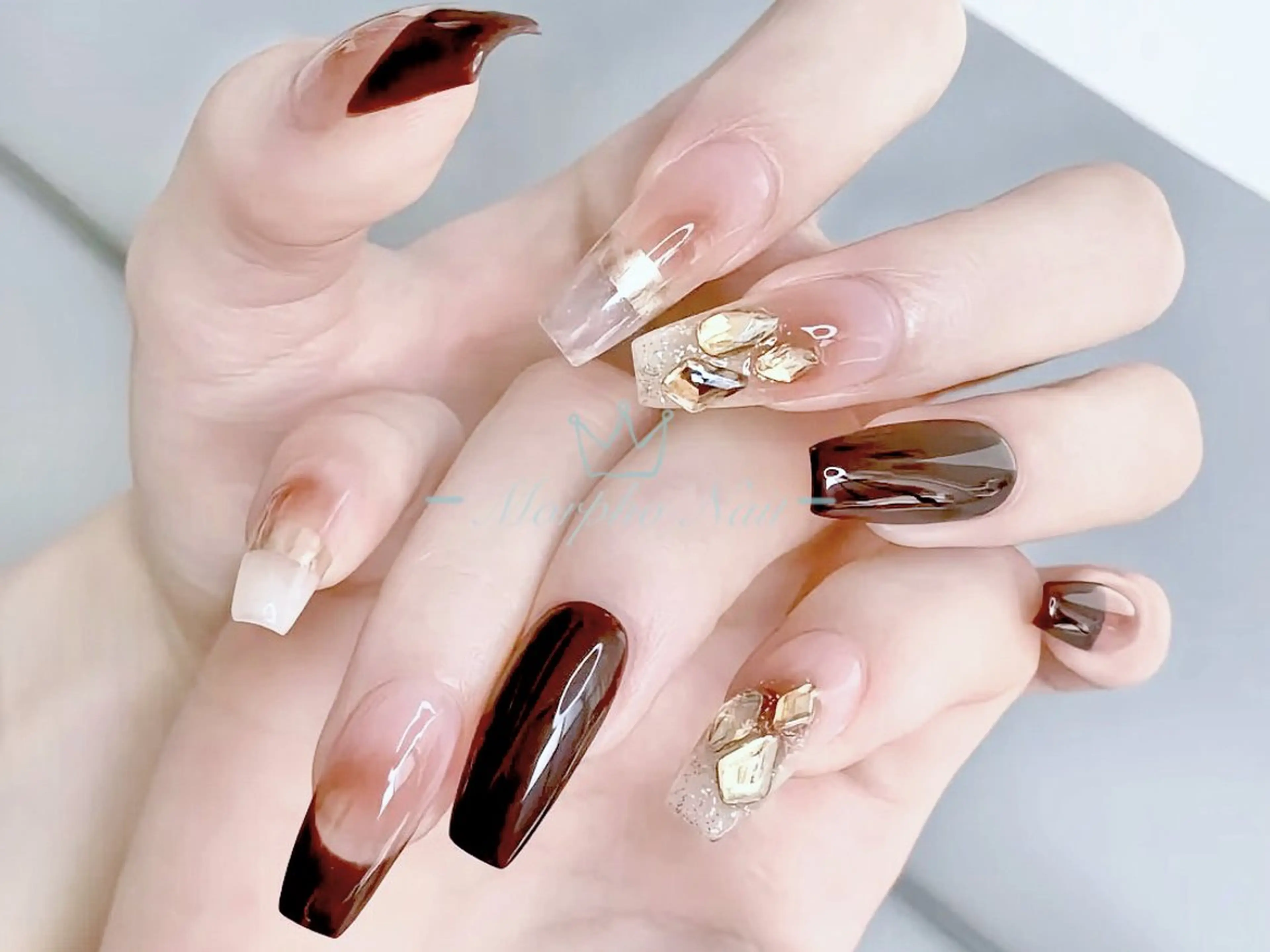 ネイル 長さ出し ジェルネイル キラキラネイル 大理石ネイル(マーブル) ニュアンスネイル ハンドネイル Morpho nailのネイルデザイン