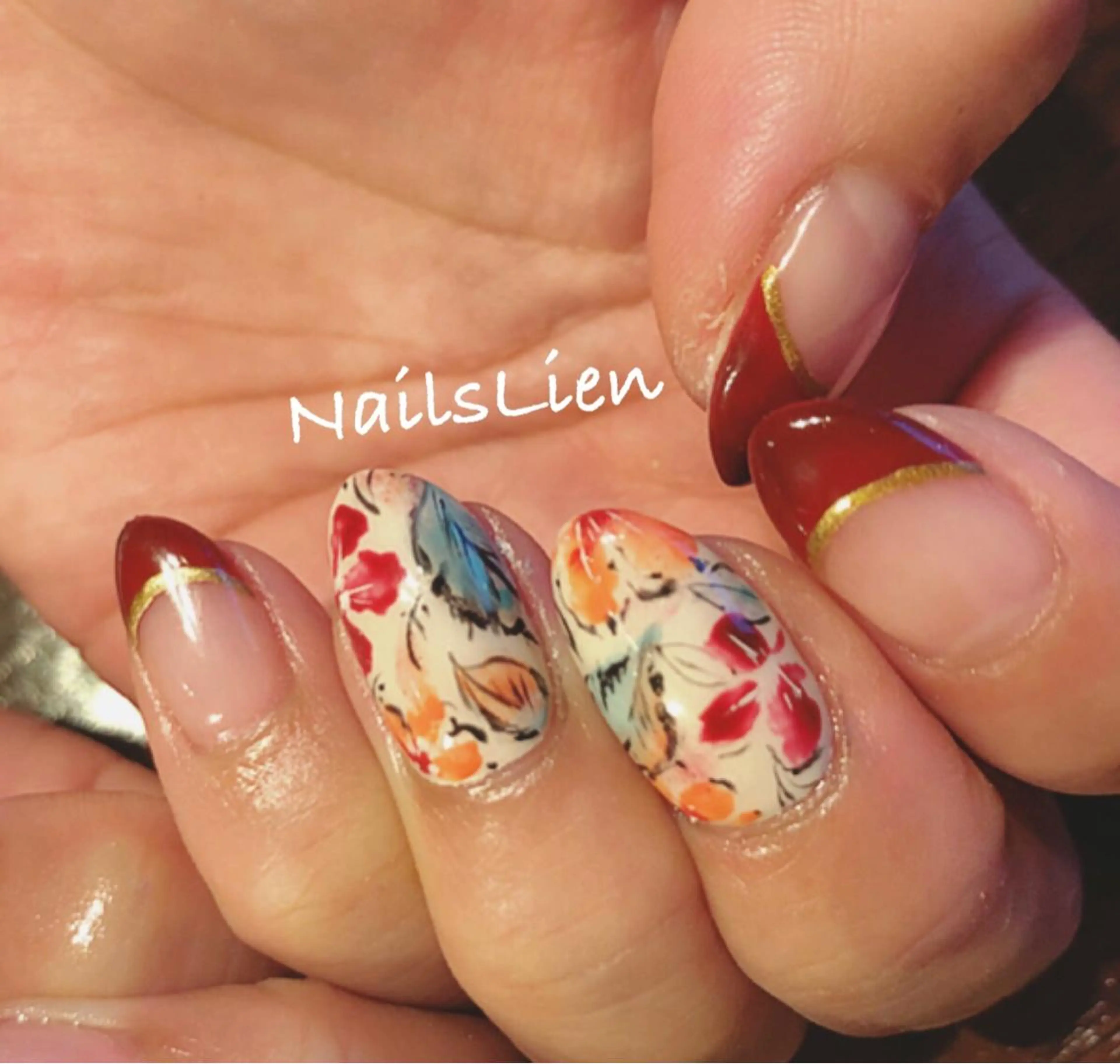 ネイル ボルドー フラワーネイル フレンチネイル studio e n / RiNのネイルデザイン