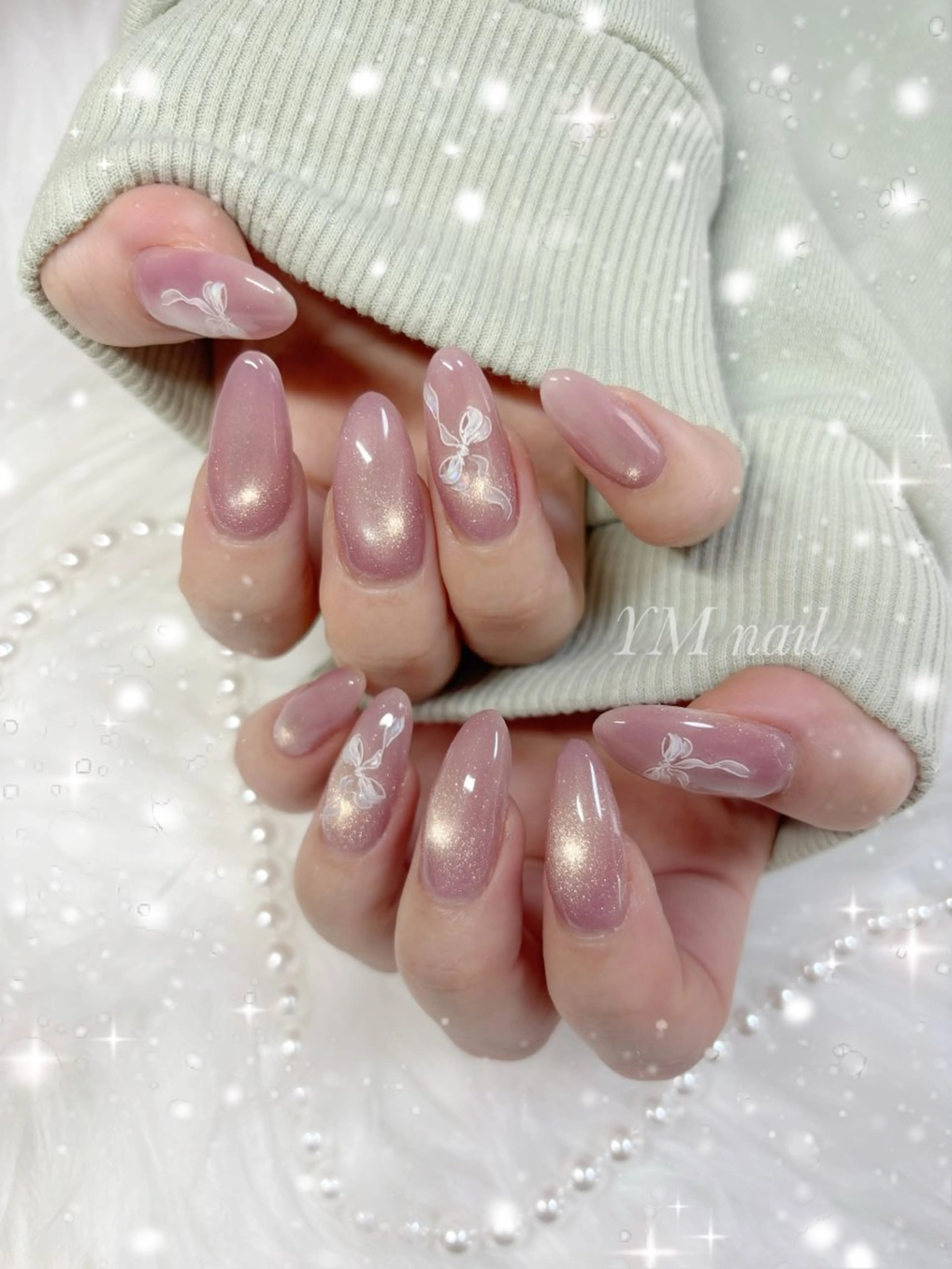 ネイル マグネットネイル ピンク リボン 春ネイル ハンドネイル YM nailのネイルデザイン