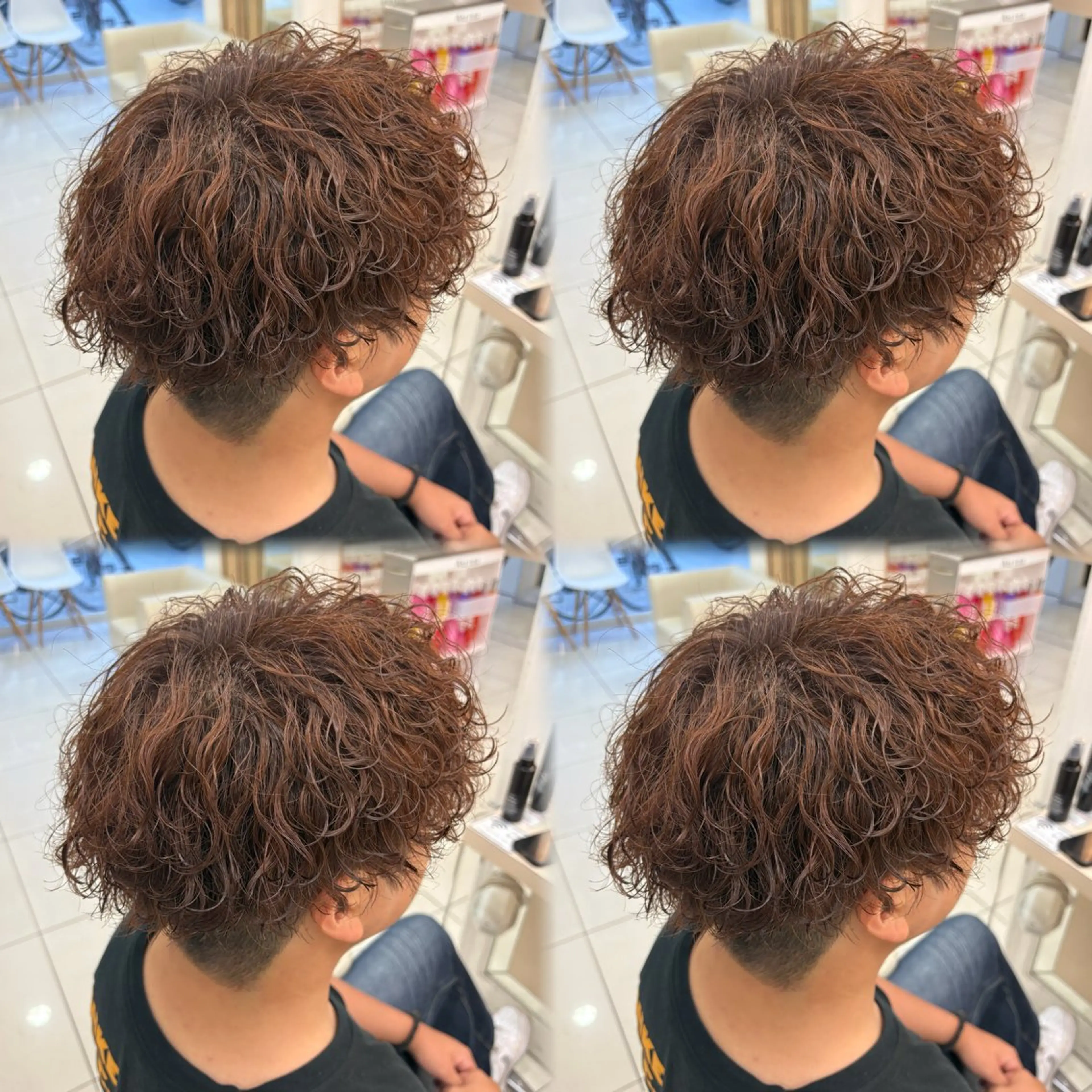 ミディアム カラー パーマ メンズ ミディアムパーマ センターパート フェードカット フェザーパーマ カルマパーマ 髪質改善/艶カラー/ メンズパーマ/鈴木のヘアスタイル