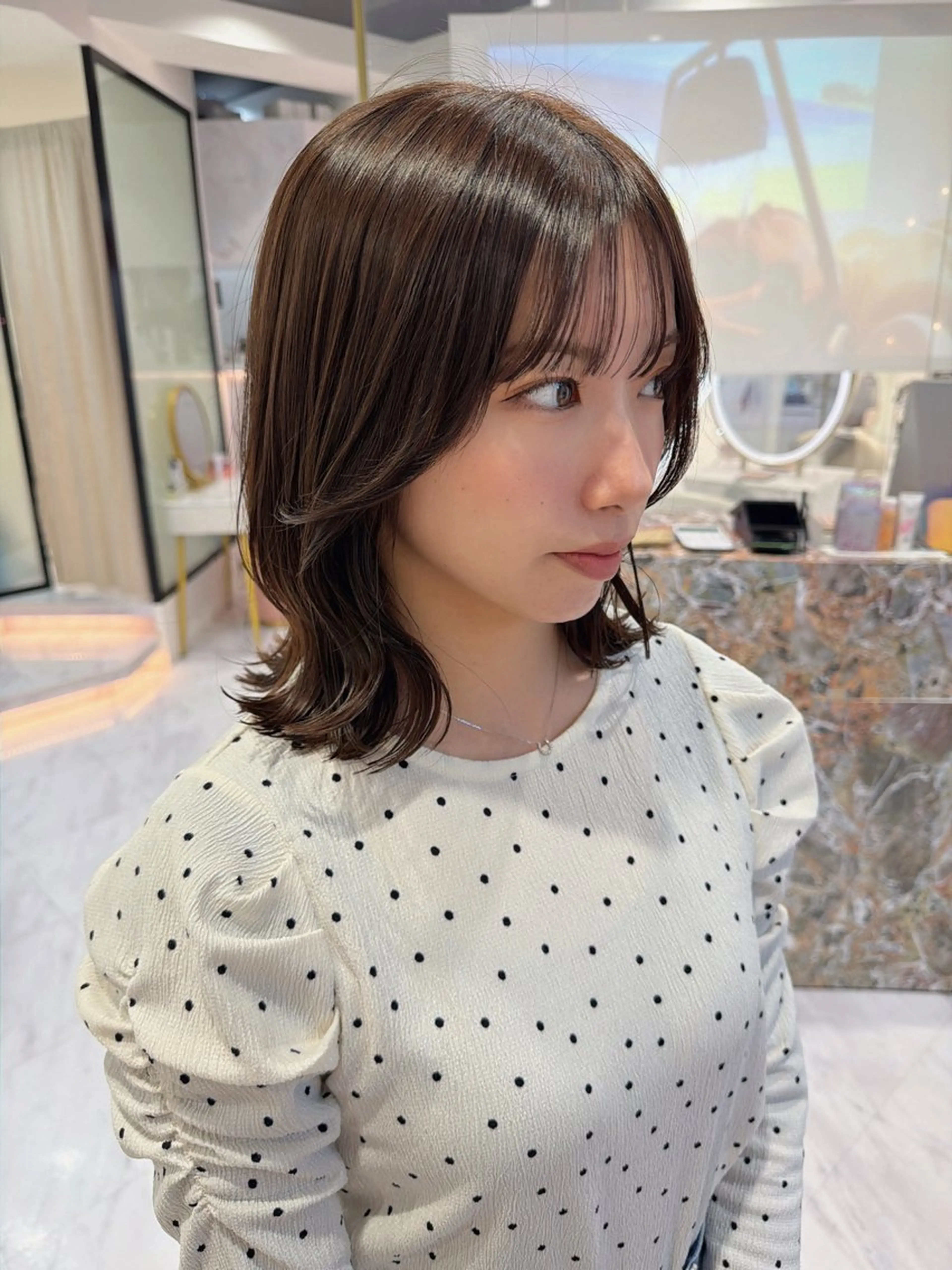 ミディアム カラー くびれヘア カット ヘアカラー トリートメント SAYAKA 🍒／ボブ／暖色のヘアスタイル