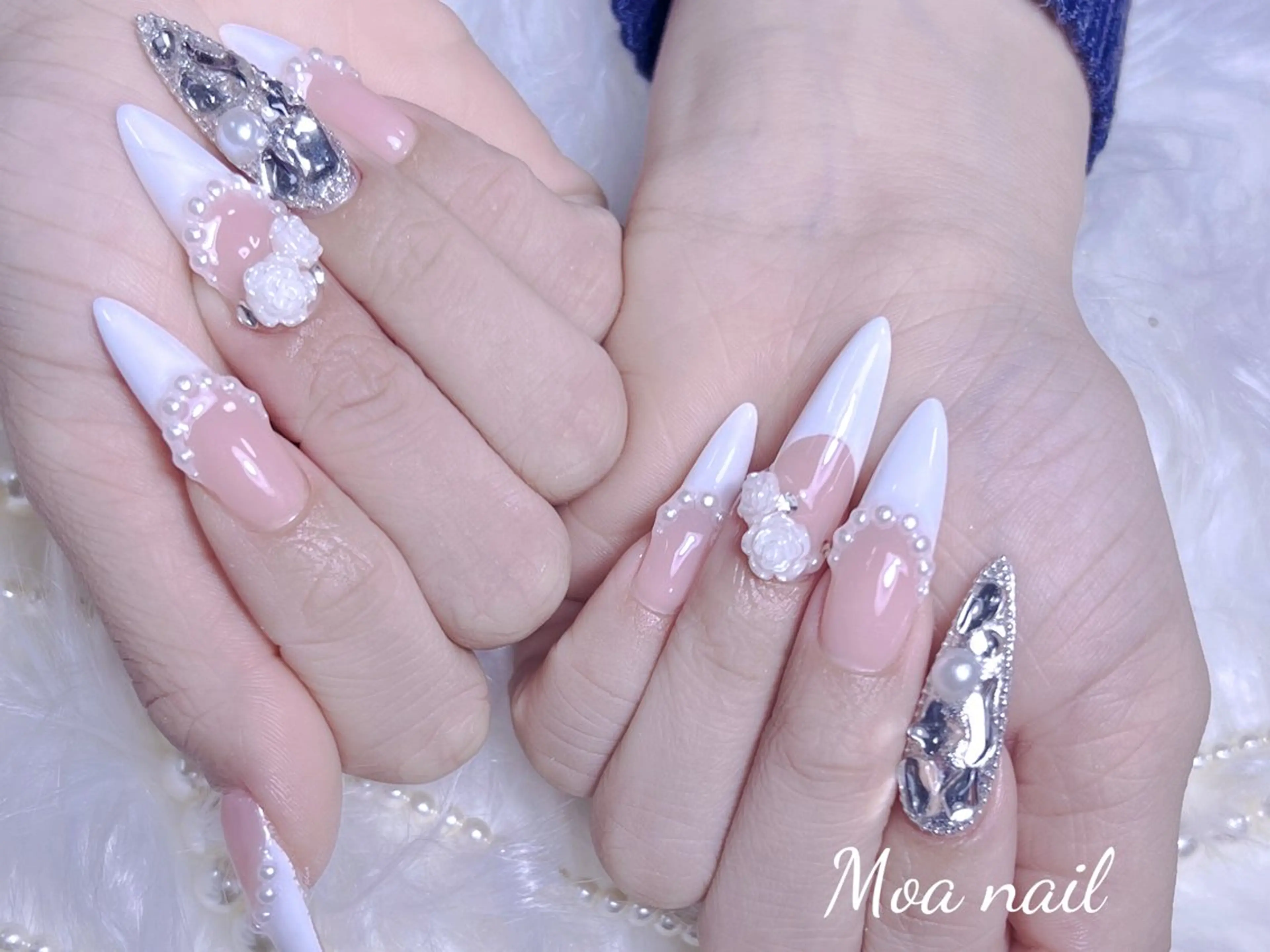 ネイル 長さ出し フレンチネイル ガラスフレンチ ハート キラキラネイル ハンドネイル Moa nailのネイルデザイン