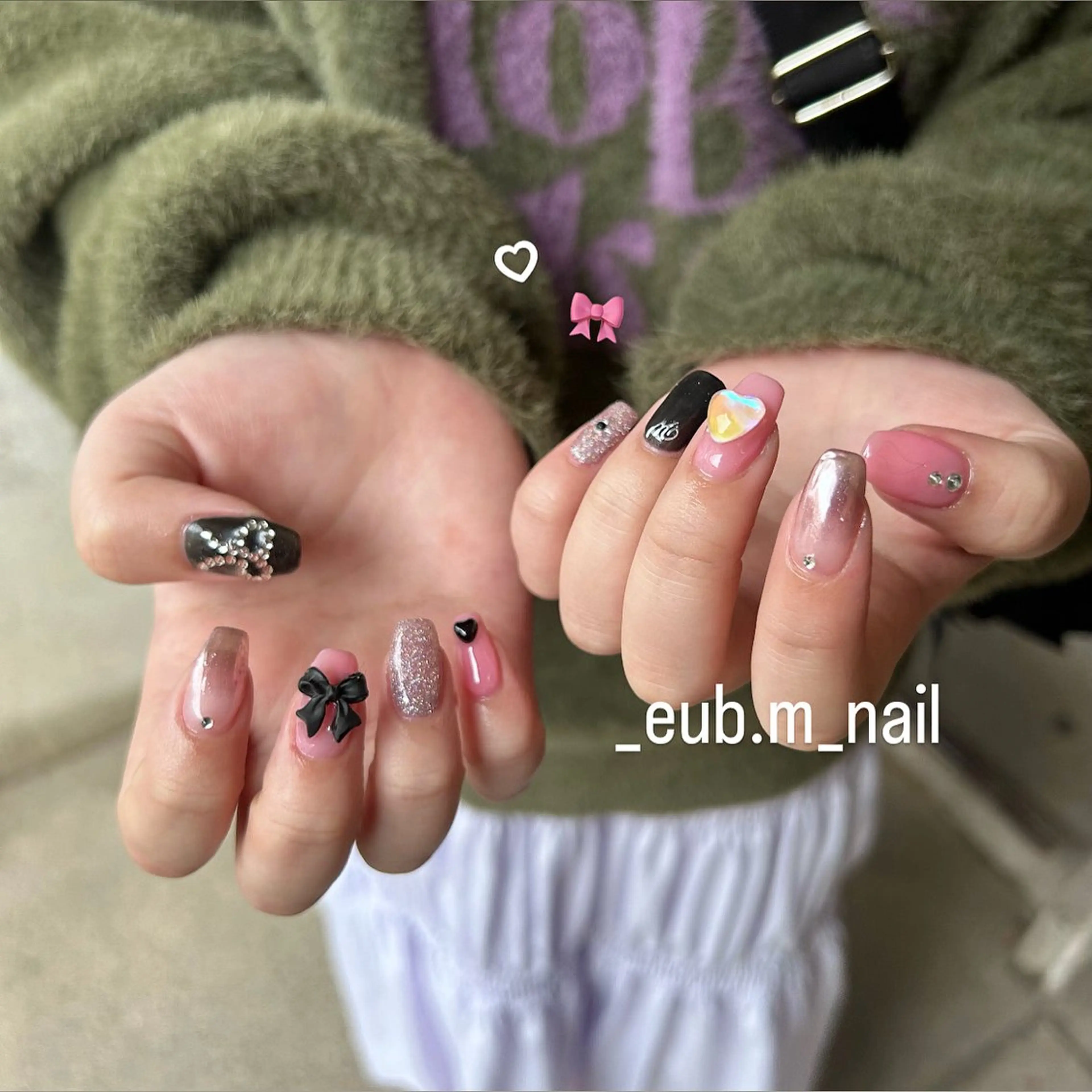ネイル フラッシュネイル グラデーション ハート ミラーネイル リボン 深夜ネイルサロン eub.m_nailのネイルデザイン