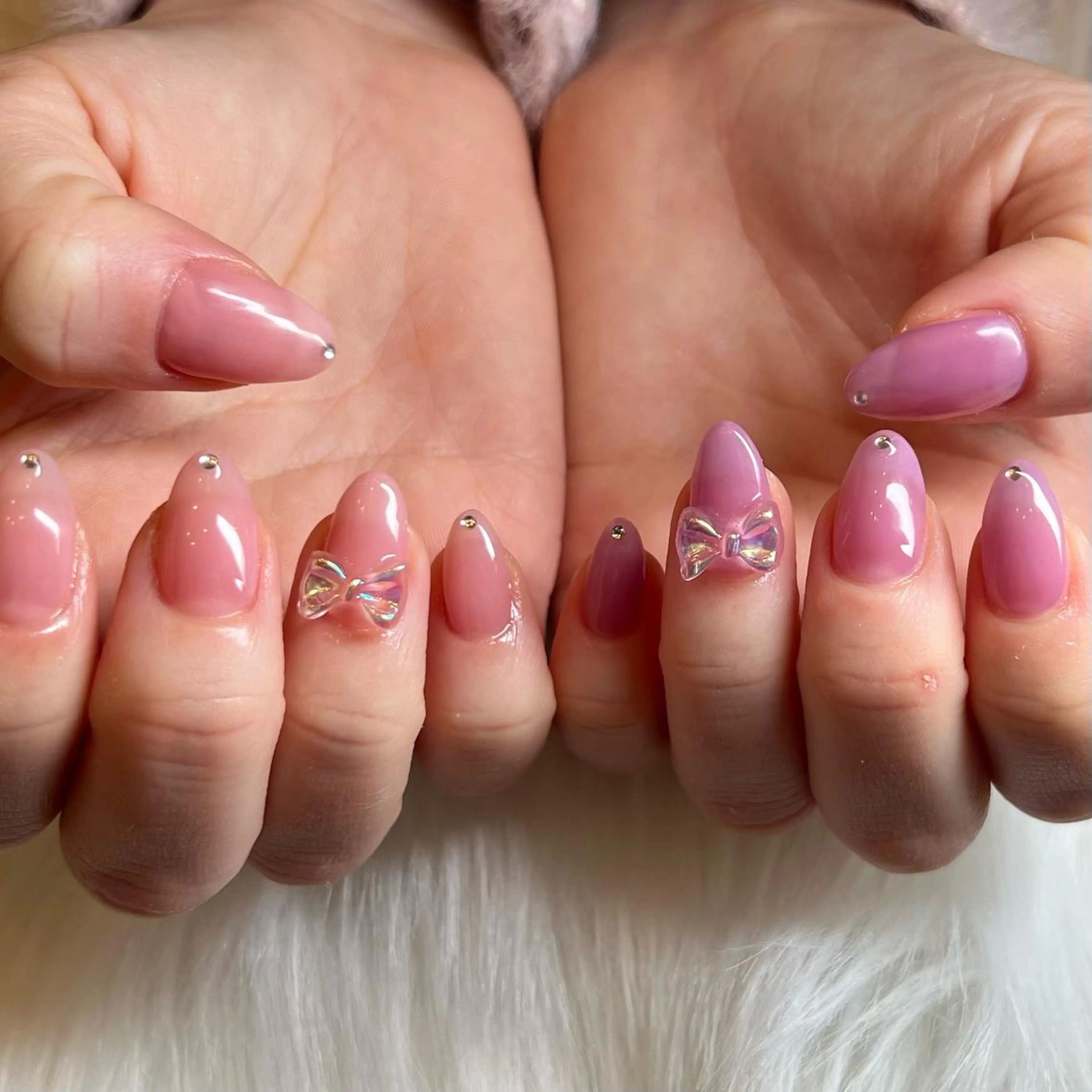 ネイル ワンカラーネイル ピンク パープル リボン ハンドネイル 藤本 楓のネイルデザイン