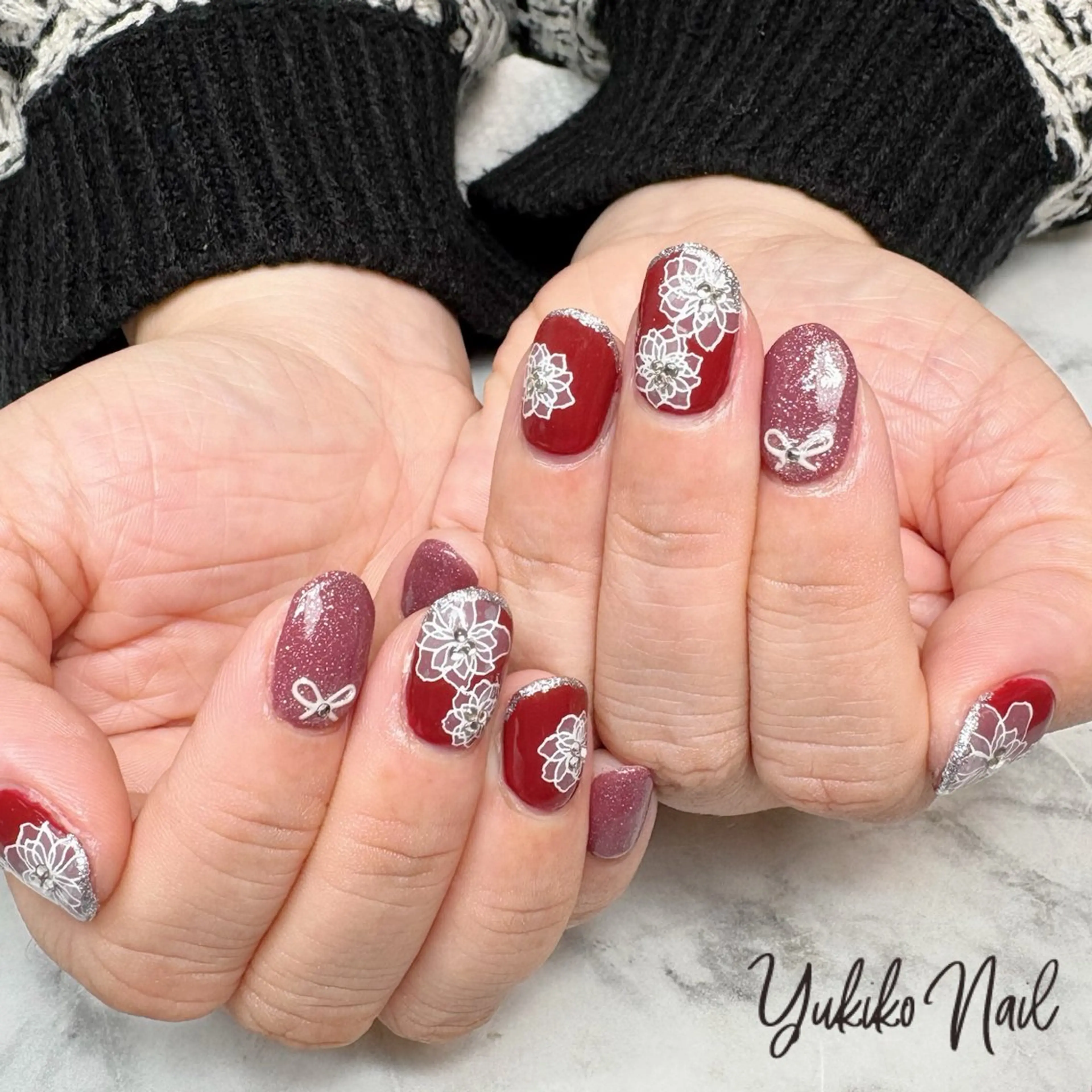 ネイル ボルドー フラワーネイル 春ネイル ハンドネイル ユキコ ネイルのネイルデザイン