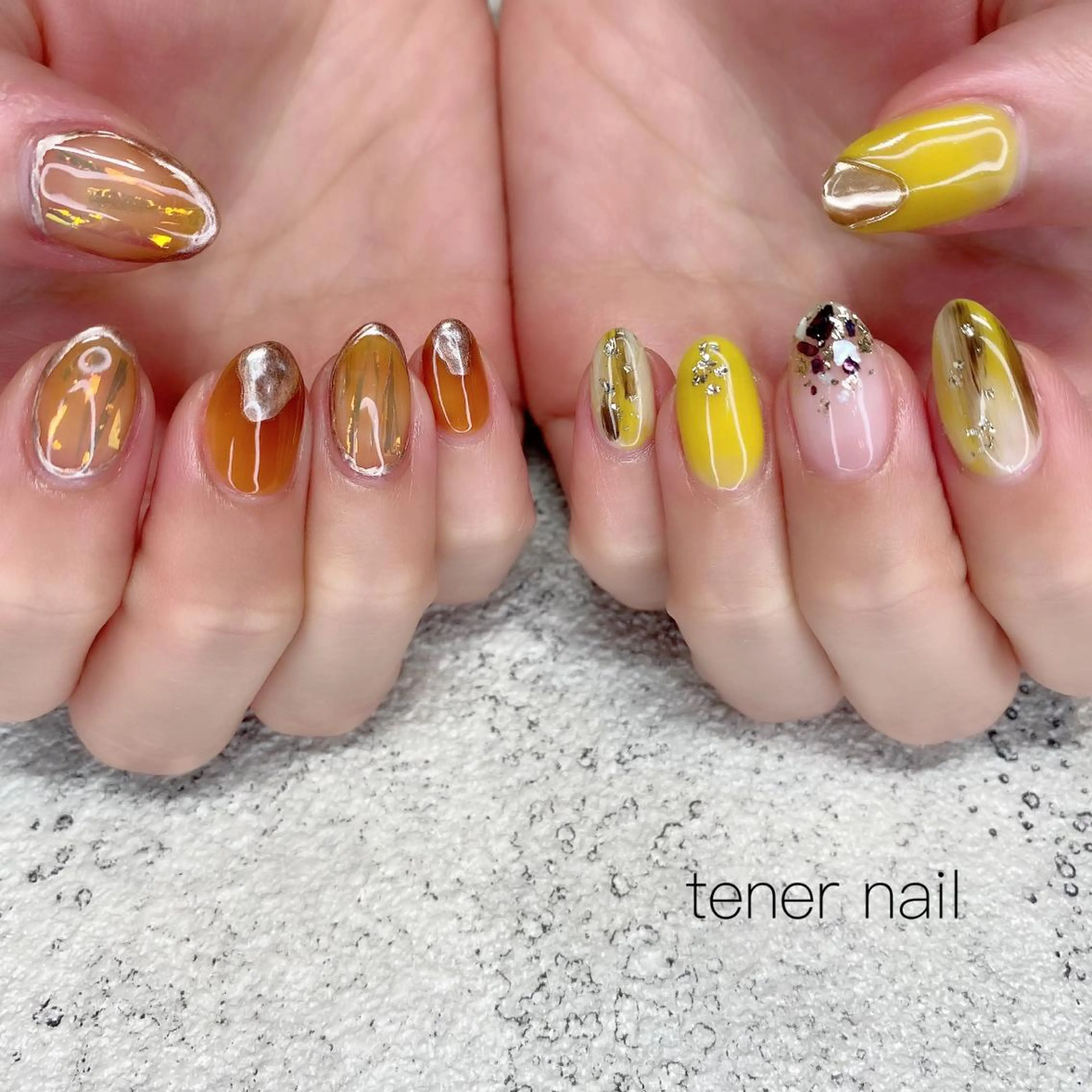 ネイル ブラウン クリアネイル 黄色 テネルネイル tener nailのネイルデザイン