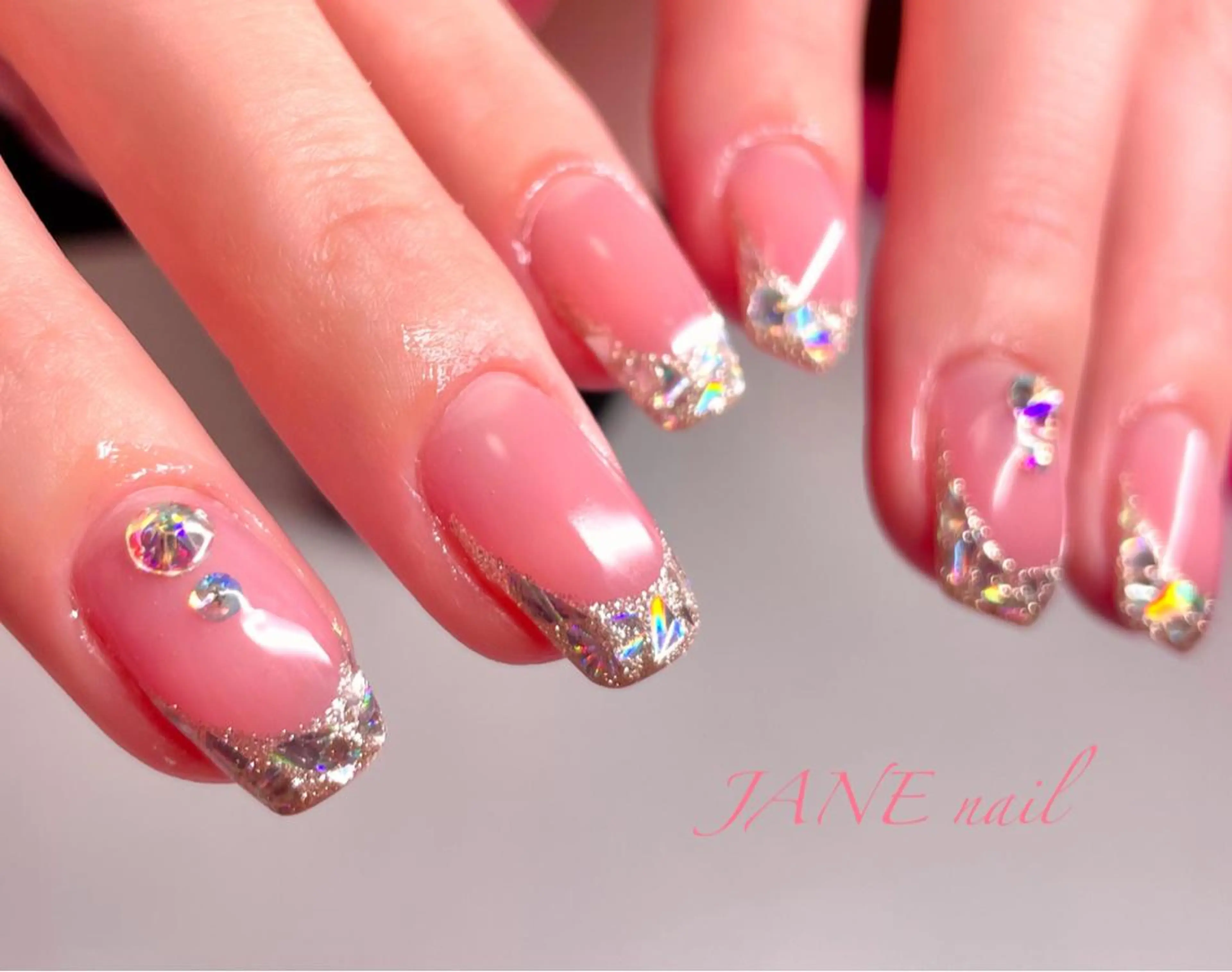 ネイル フットネイル フレンチネイル ガラスフレンチ ラメ(グリッター) ロングネイル ハンドネイル Nail Salon JANEのネイルデザイン