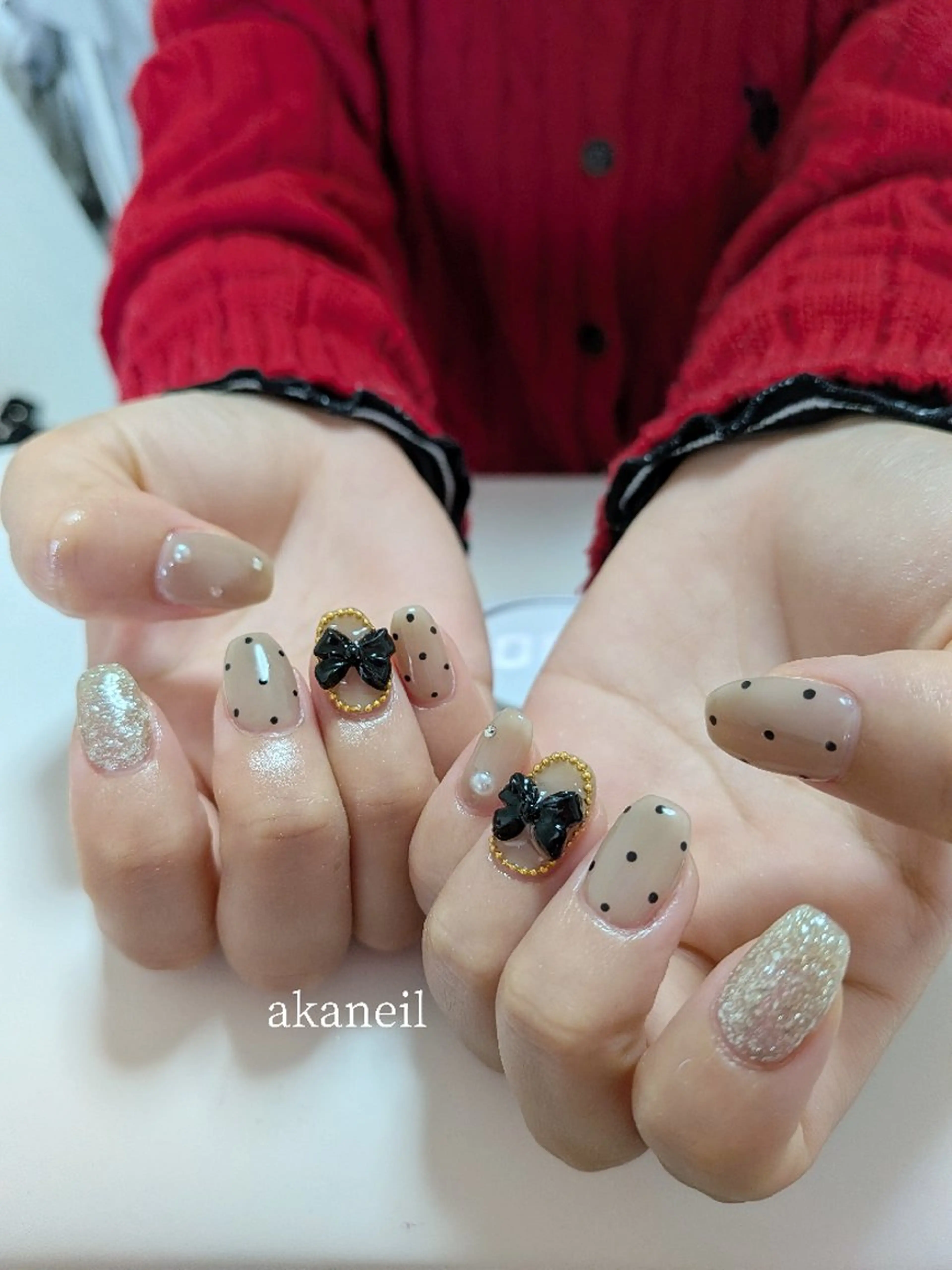 ネイル ドット ガーリー 持ち込み リボン ハンドネイル 【akaneils】 アカネのネイルデザイン
