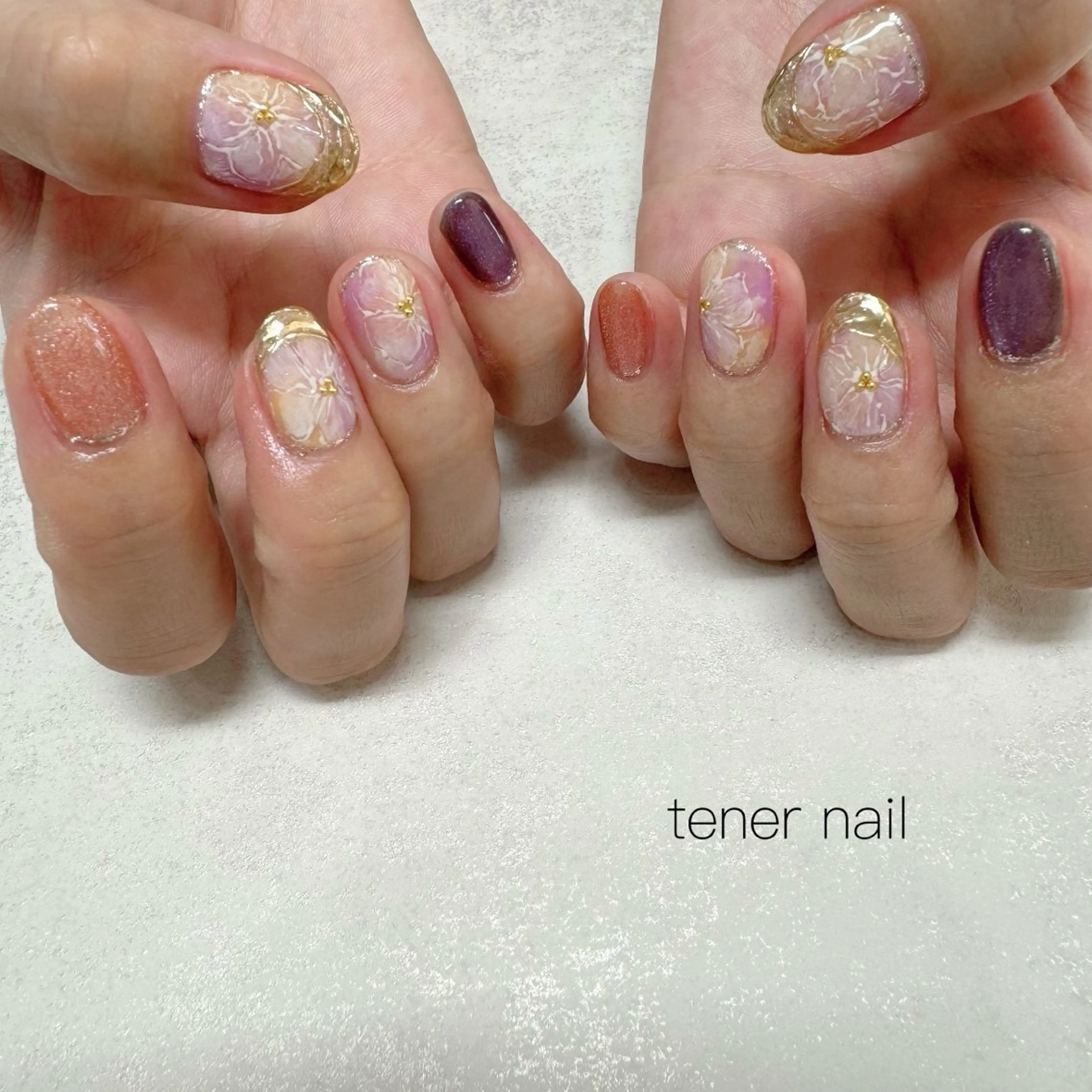 ネイル オレンジ パープル ハンドネイル テネルネイル tener nailのネイルデザイン