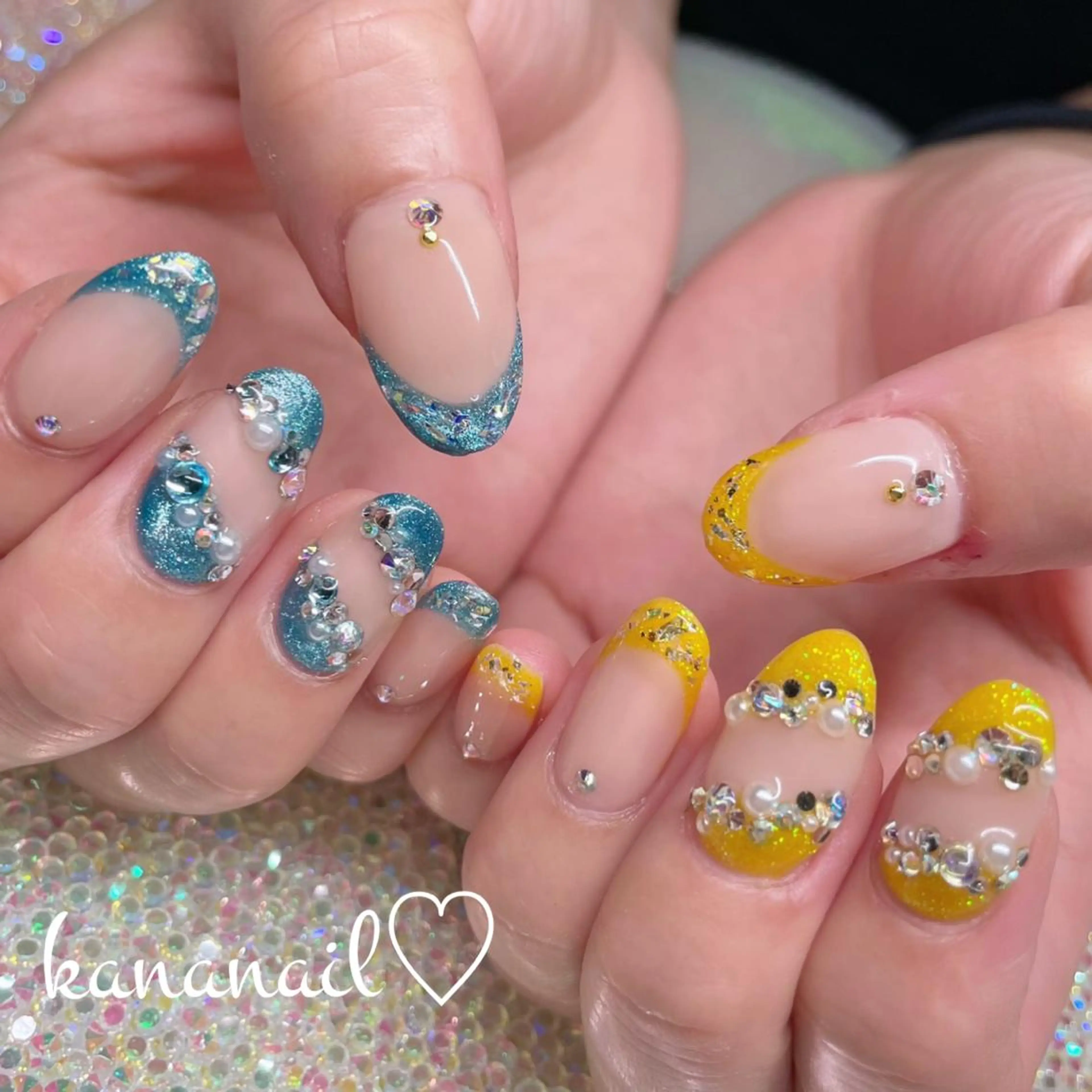 ネイル ブルー 成人式 長さ出し フラッシュネイル フレンチネイル kananail ♡のネイルデザイン