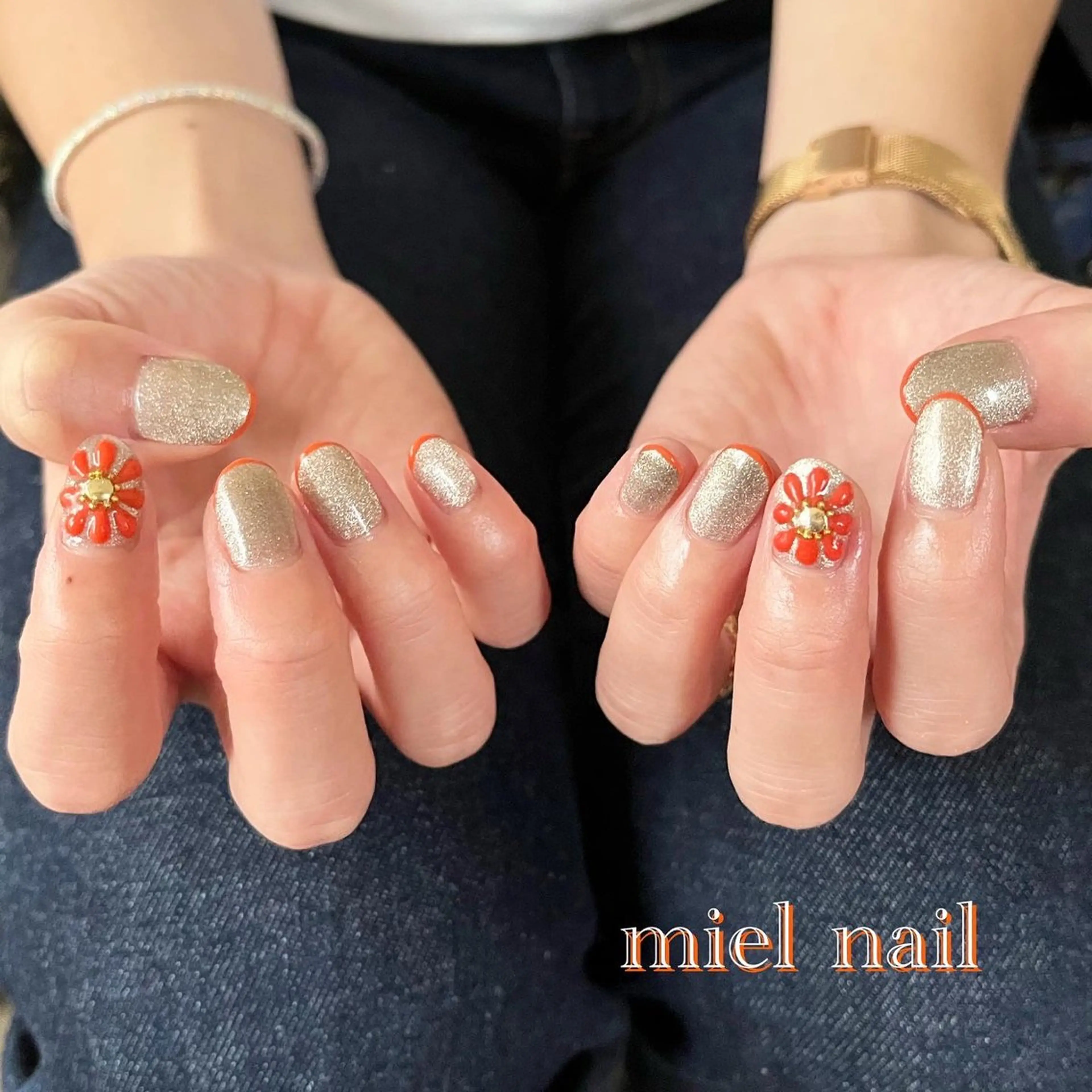ネイル フレンチネイル マグネットネイル オレンジ 冬ネイル ハンドネイル miel nailのネイルデザイン