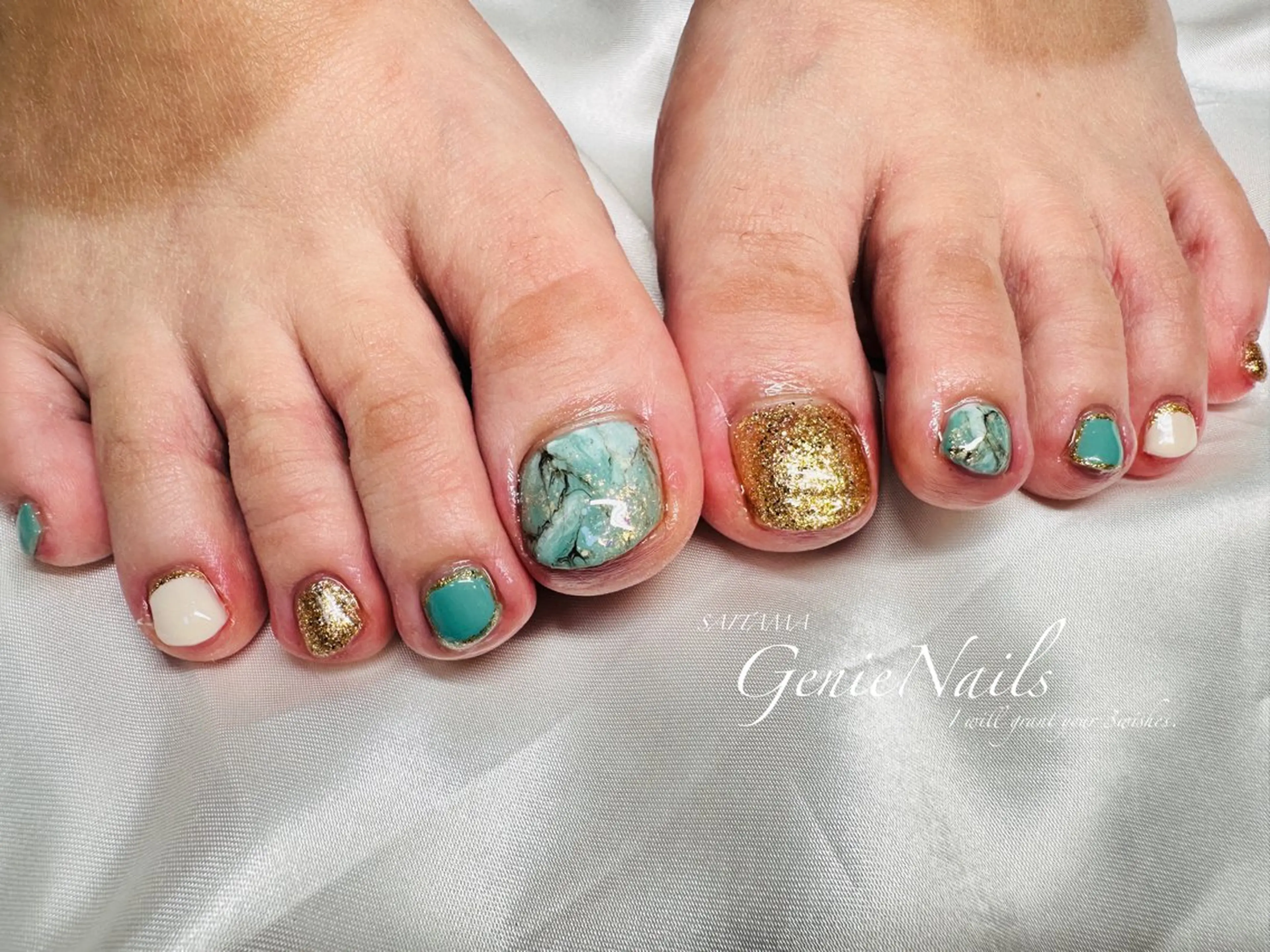 メンズ ネイル アートネイル 長さ出し フットネイル 氷ネイル・うるうるネイル ロングネイル Genie Nailsのネイルデザイン