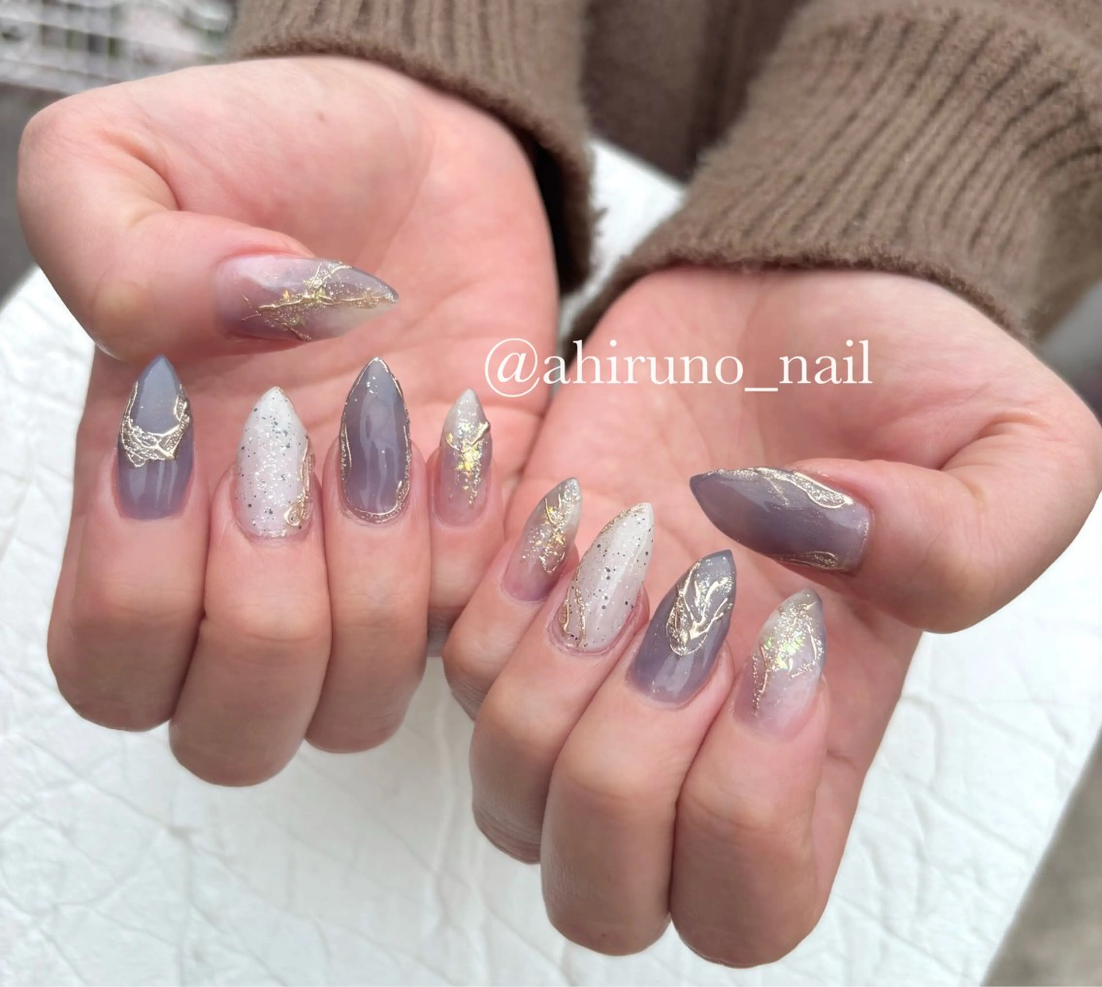 ネイル アートネイル ロングネイル ミラーネイル ネイビー ニュアンスネイル ハンドネイル 東京あきる野市ネイル ✿ ｙｕiのネイルデザイン